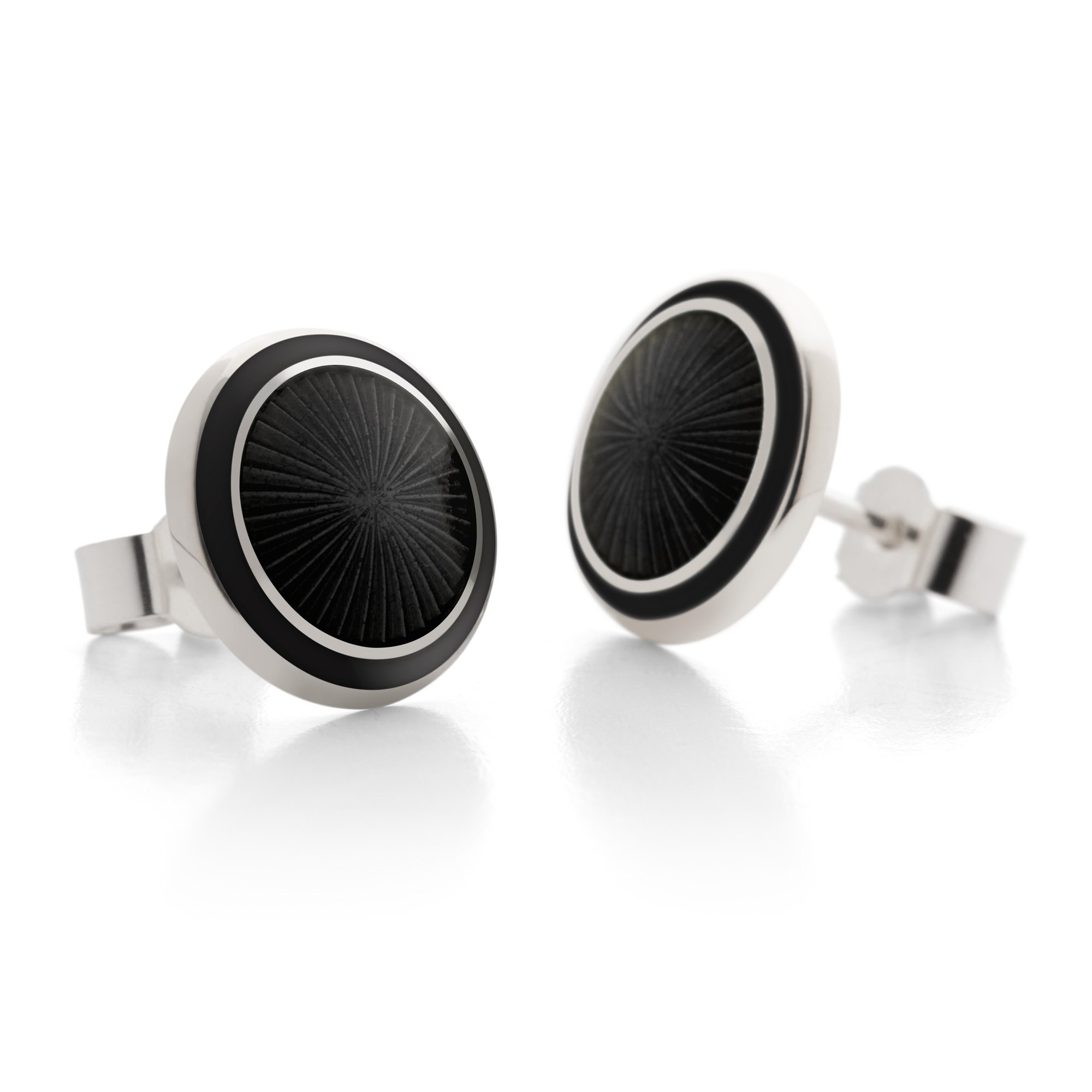 Sterling Silver Enamel Sunburst Earring Studs in Dark Grey