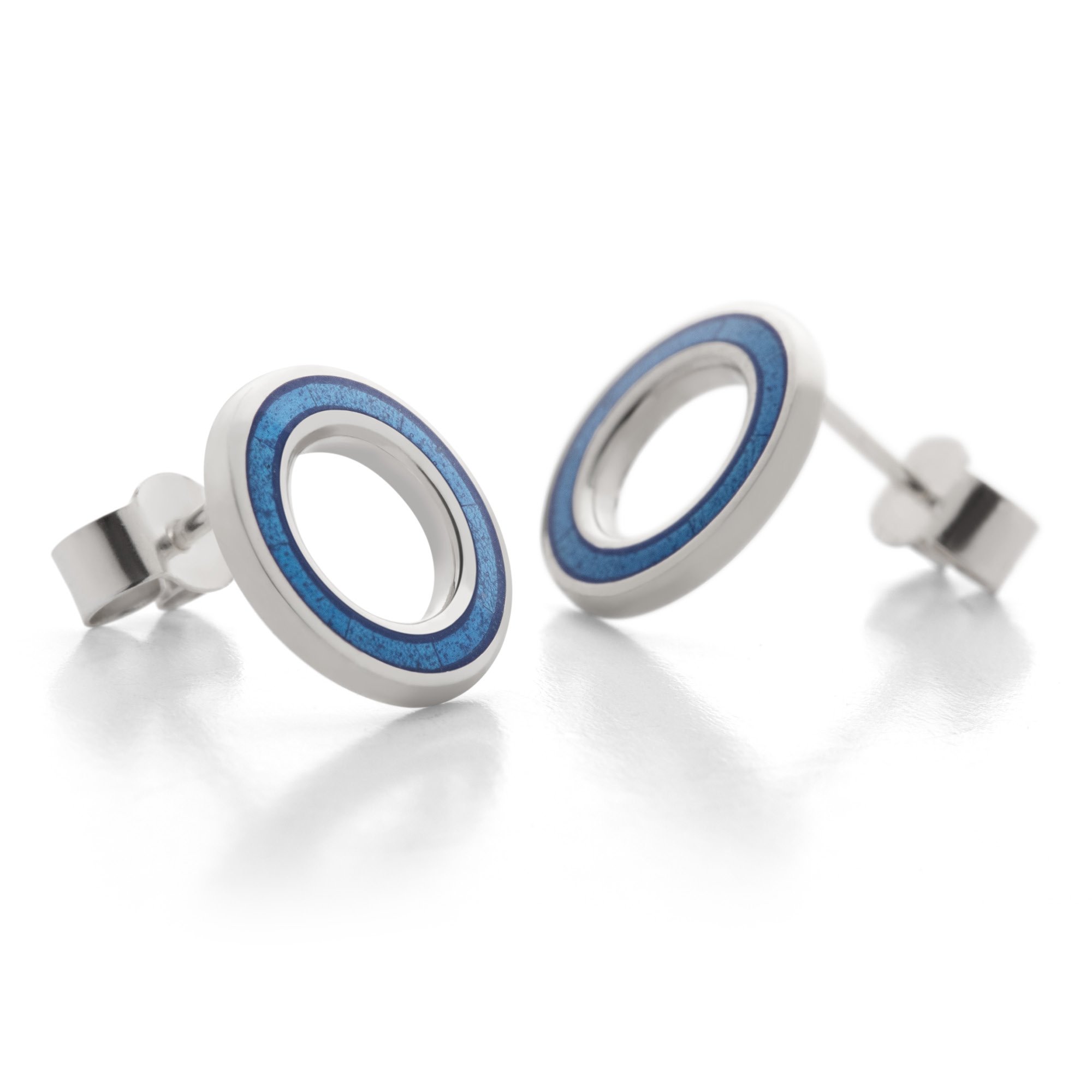 Sterling Silver Enamel Circle of Colour Earrings in Denim-Blue