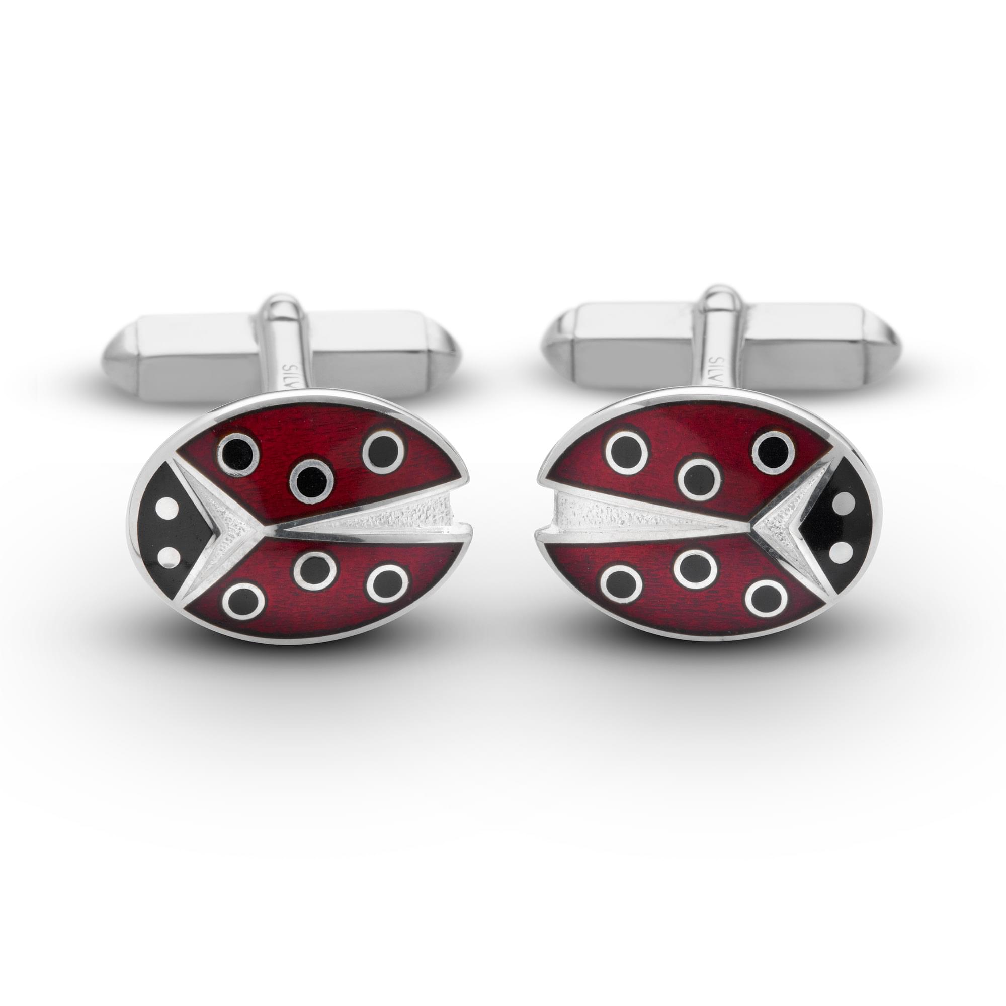 Sterling Silver Enamel Ladybird T-Bar Cufflinks in Red and Black