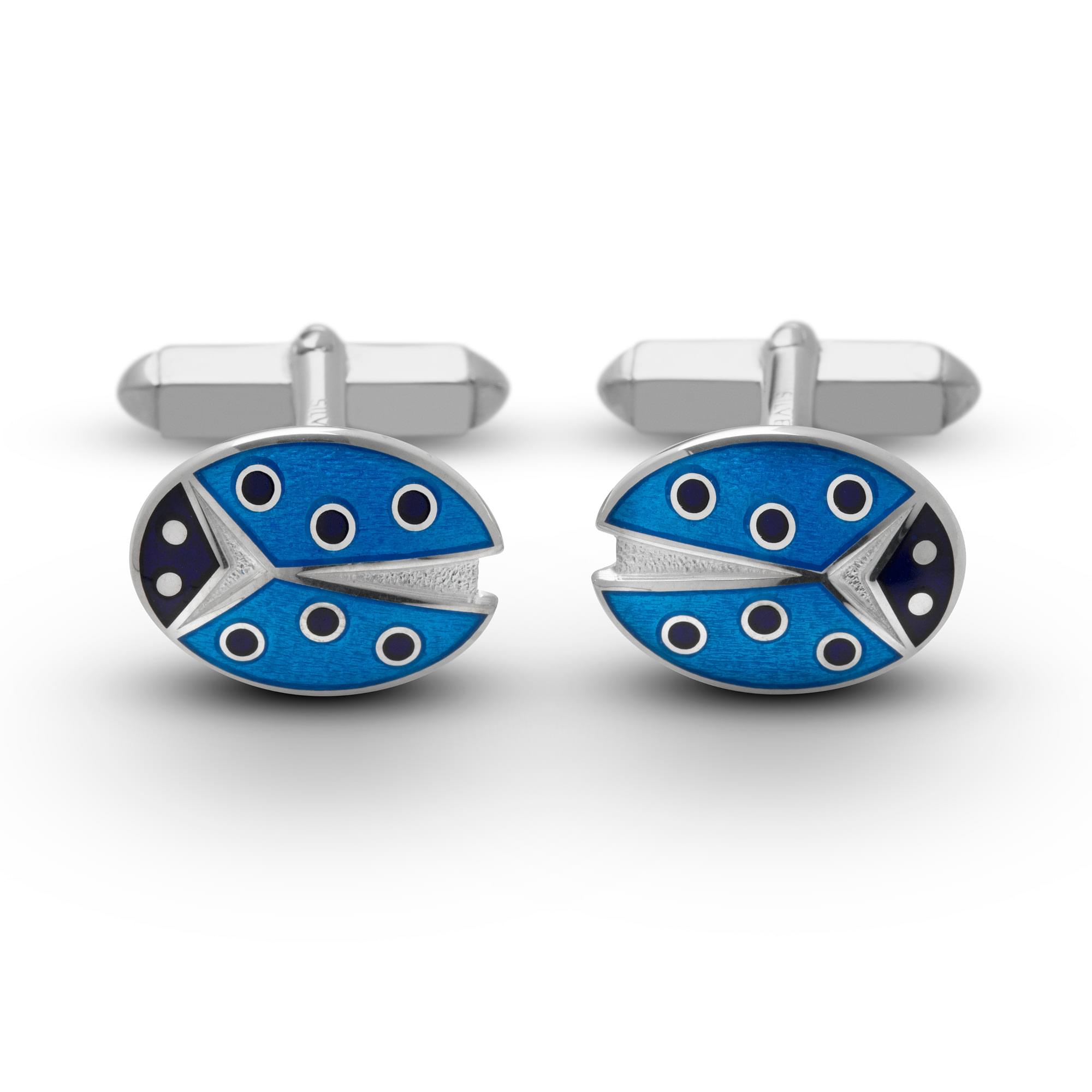 Sterling Silver Enamel Ladybird T-Bar Cufflinks in Blue