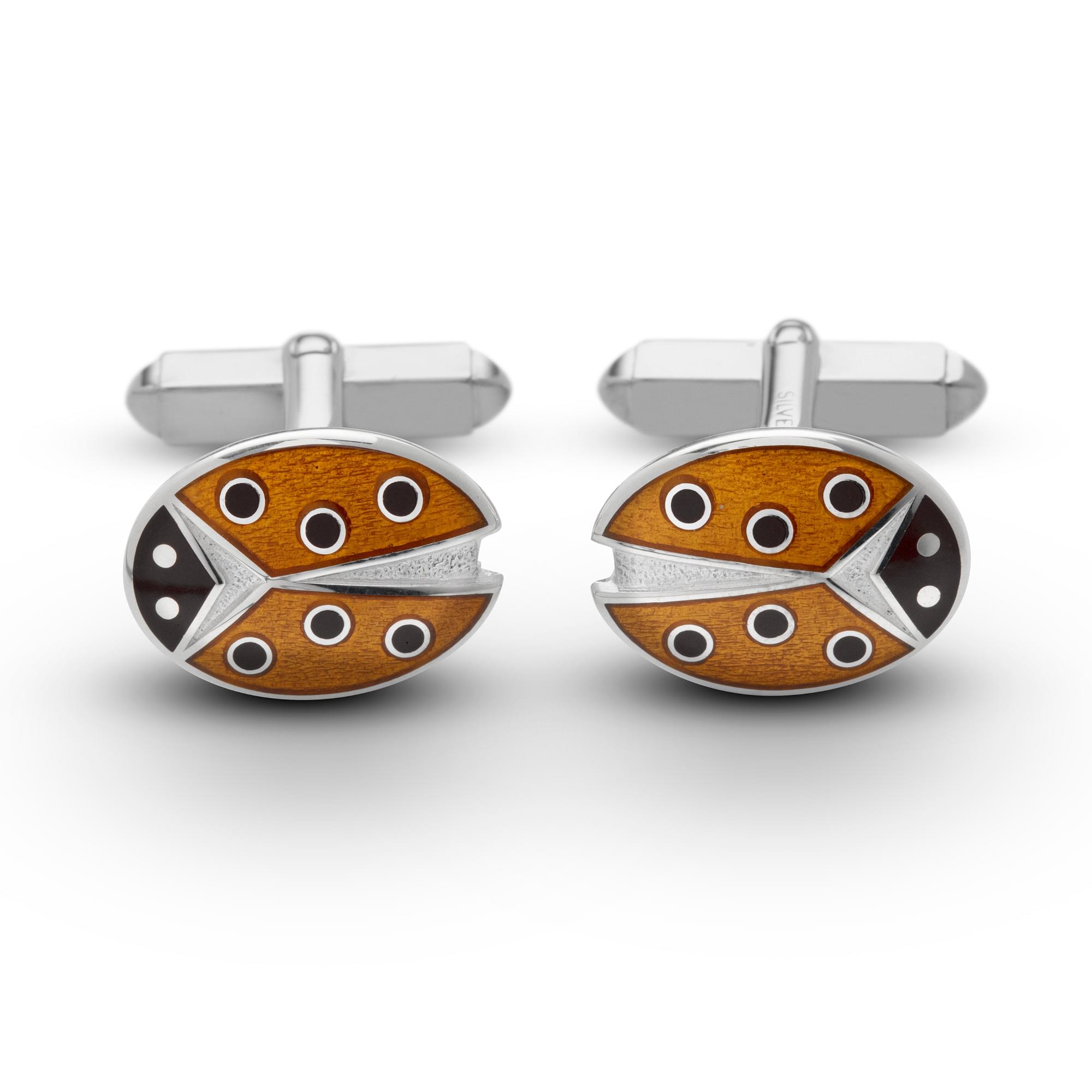 Sterling Silver Enamel Ladybird T-Bar Cufflinks in Tan-Orange