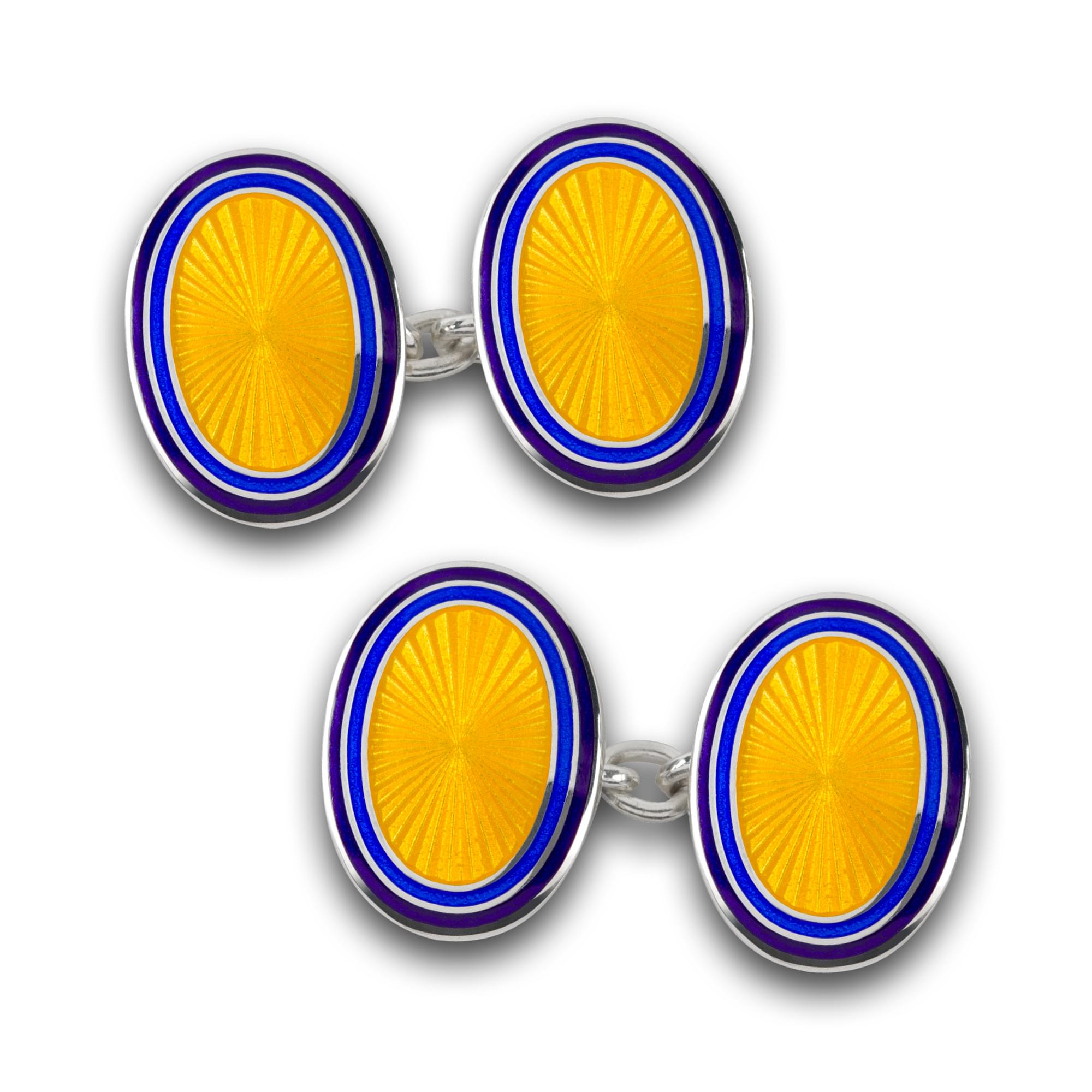 Sterling Silver Enamel Sunburst Rim Cufflinks in Yellow and Blue
