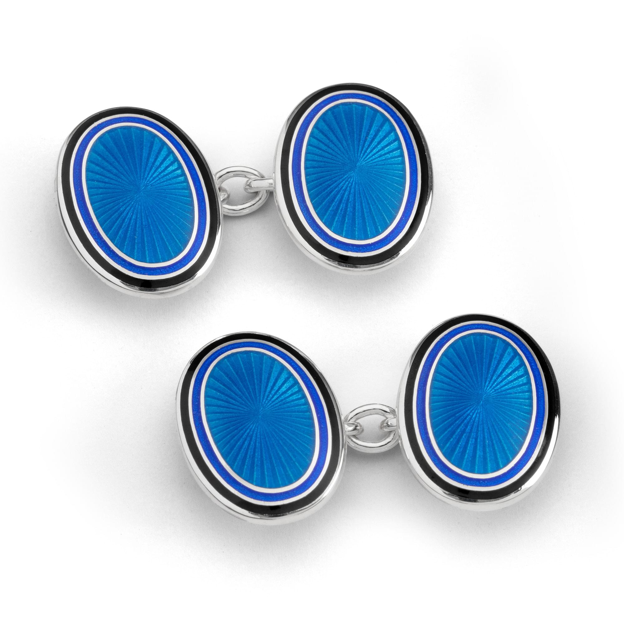 Sterling Silver Enamel Sunburst Rim Chain Cufflinks in Blue
