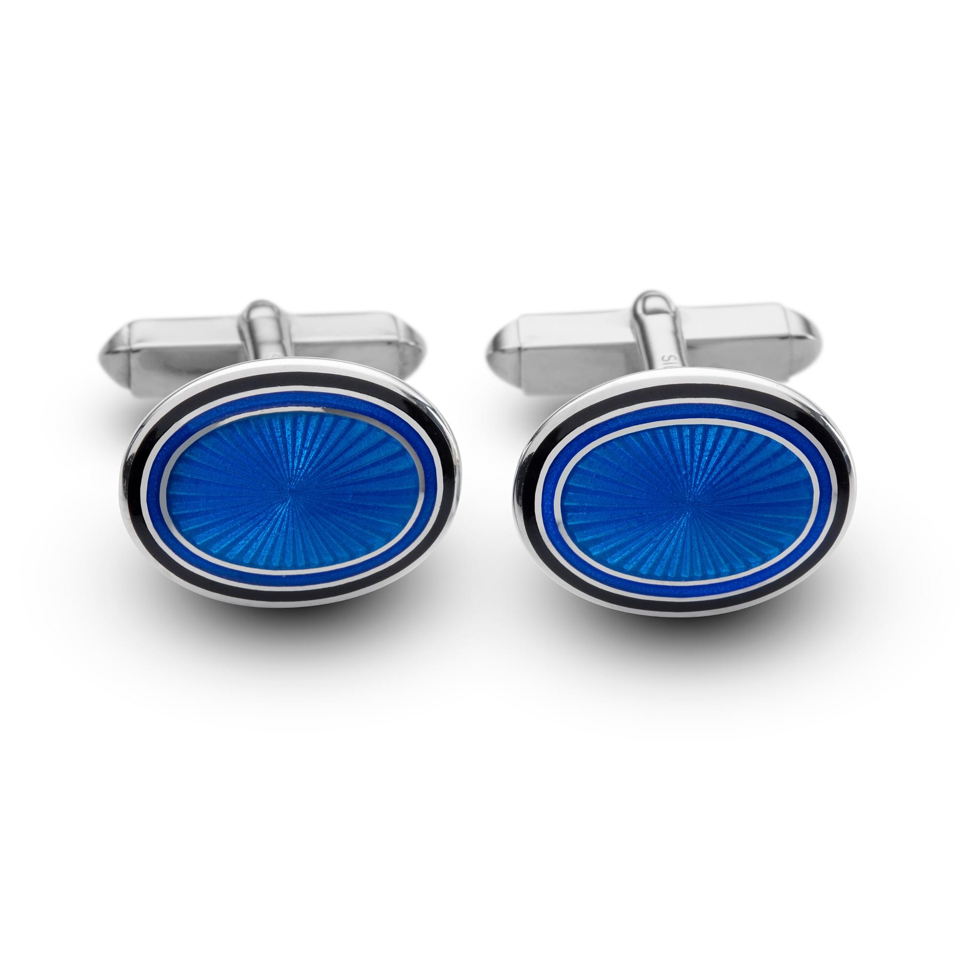 Sterling Silver Enamel Sunburst Rim T-Bar Cufflinks in Blue