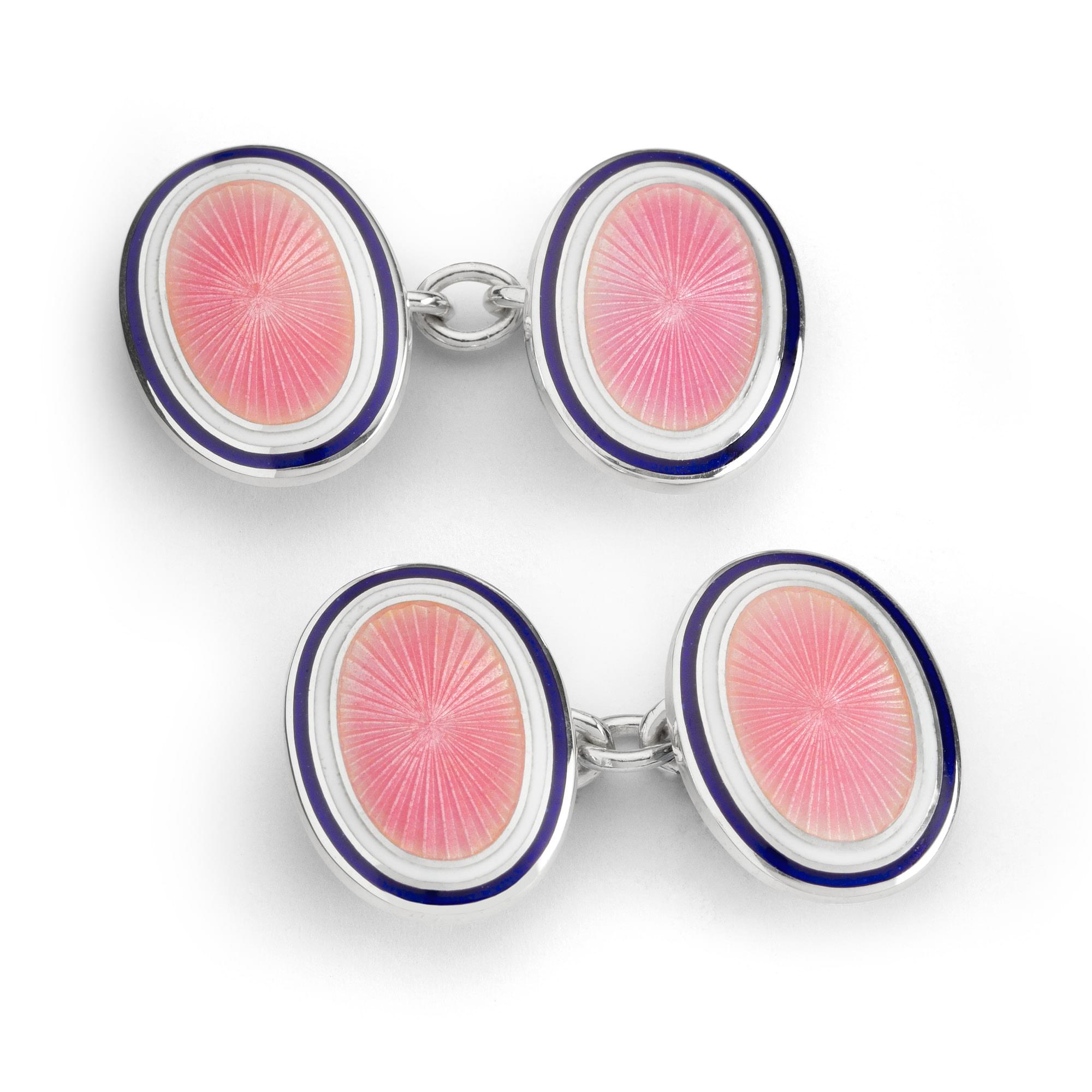 Sterling Silver Enamel Sunburst Rim Chain Cufflinks in Pink