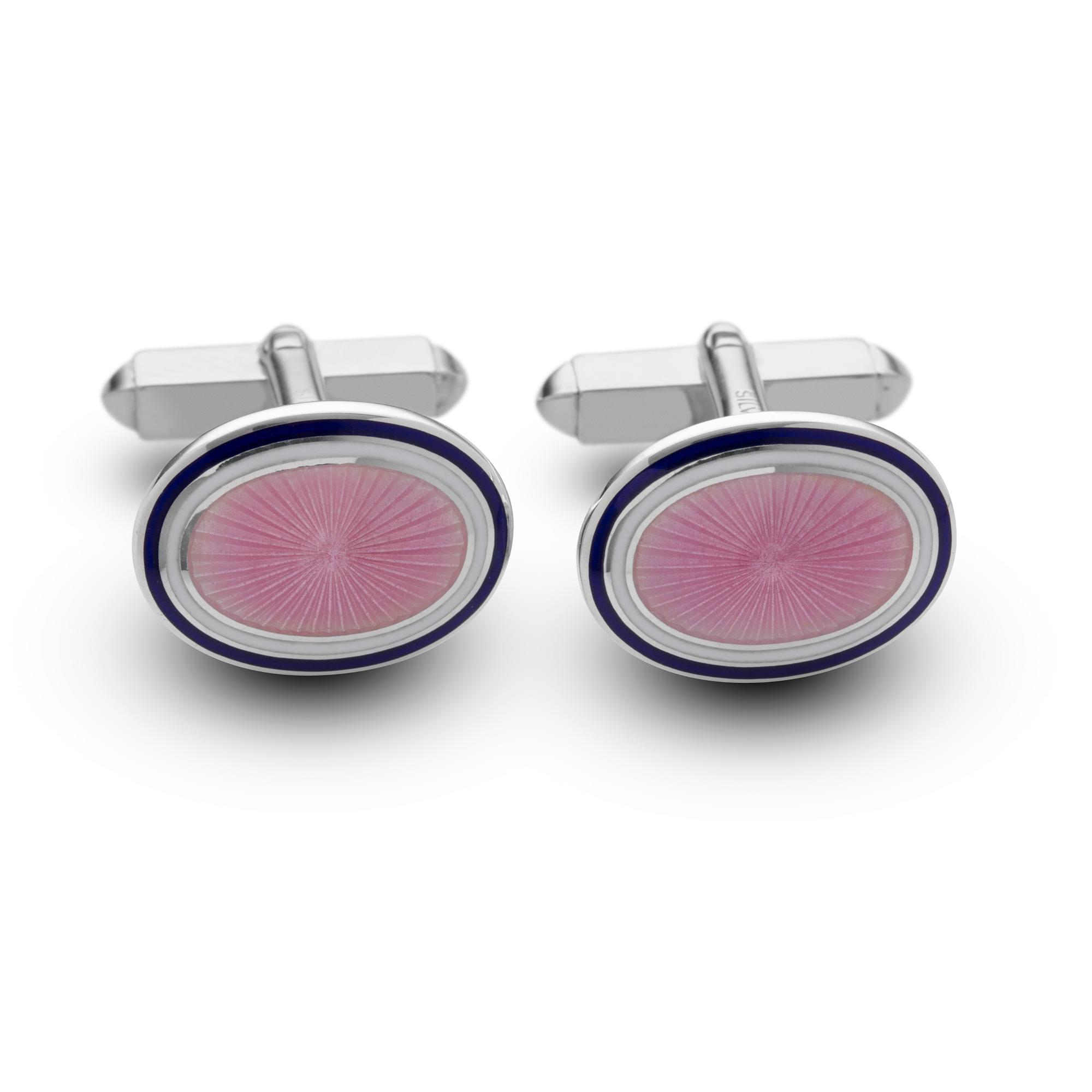 Sterling Silver Enamel Sunburst Rim T-Bar Cufflinks in Pink