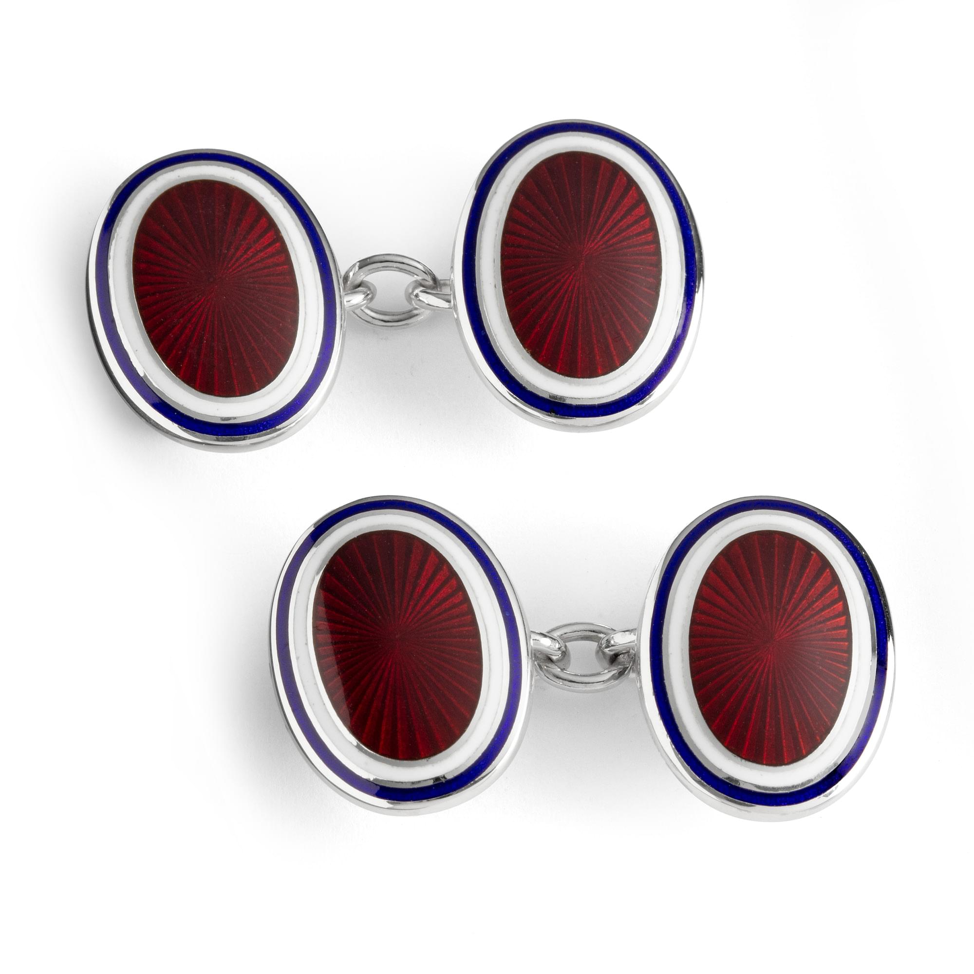 Sterling Silver Enamel Sunburst Rim Chain Cufflinks in Red