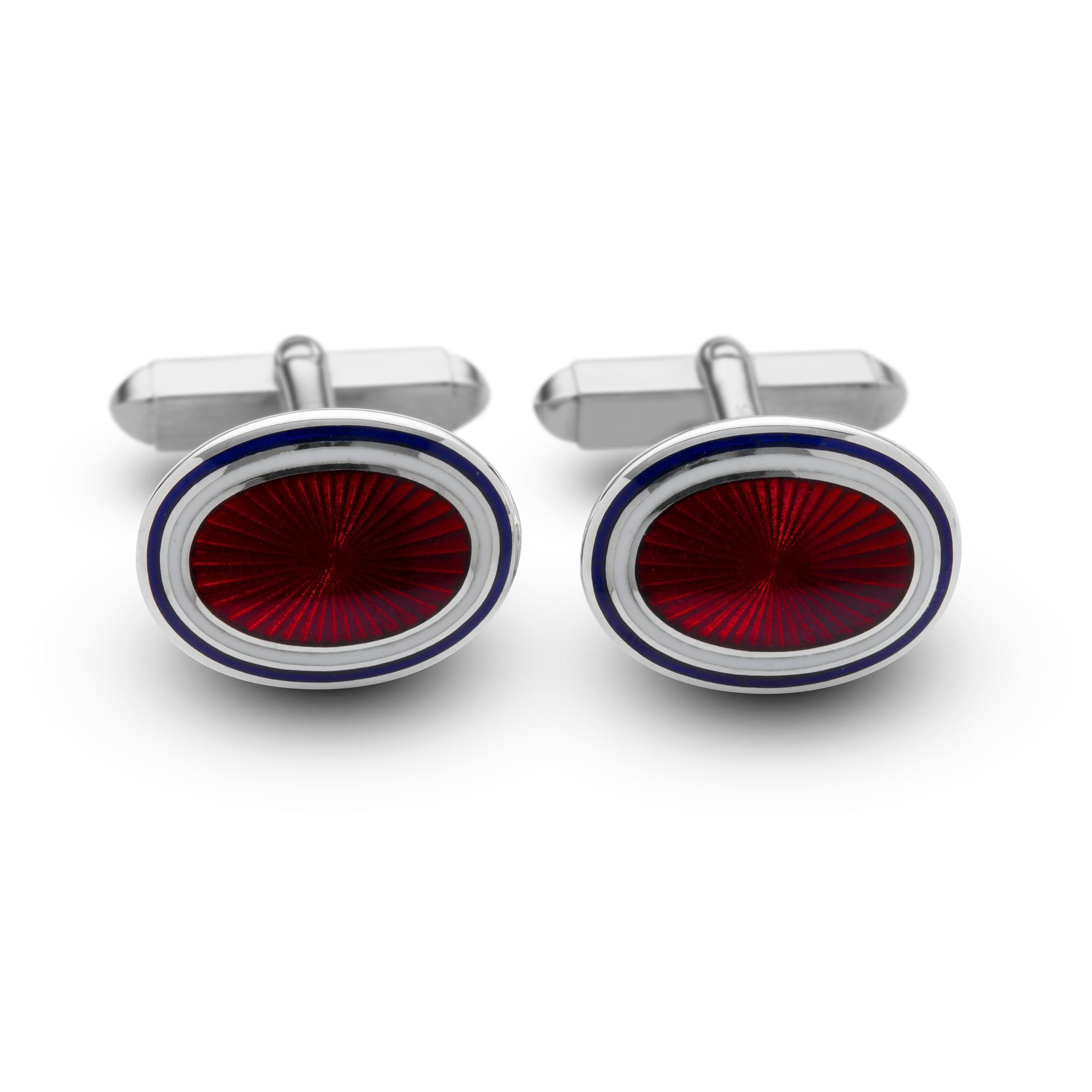 Sterling Silver Enamel Sunburst Rim T-Bar Cufflinks in Red