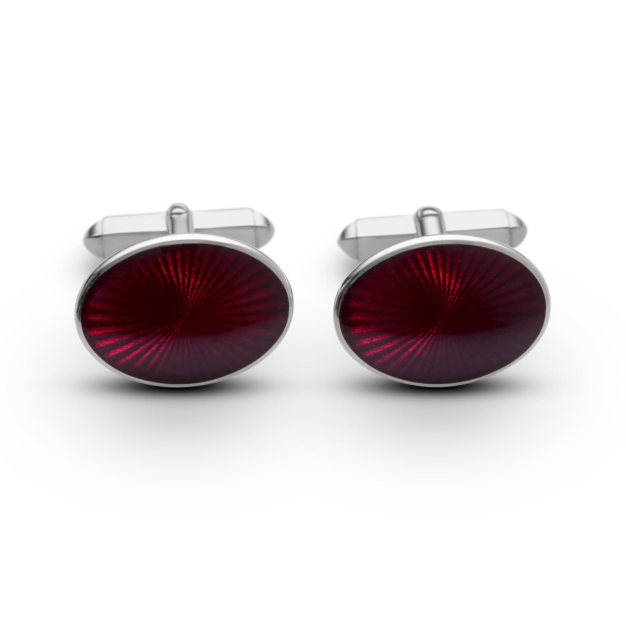 Sterling Silver Enamel Sunburst Oval Cufflinks in Red