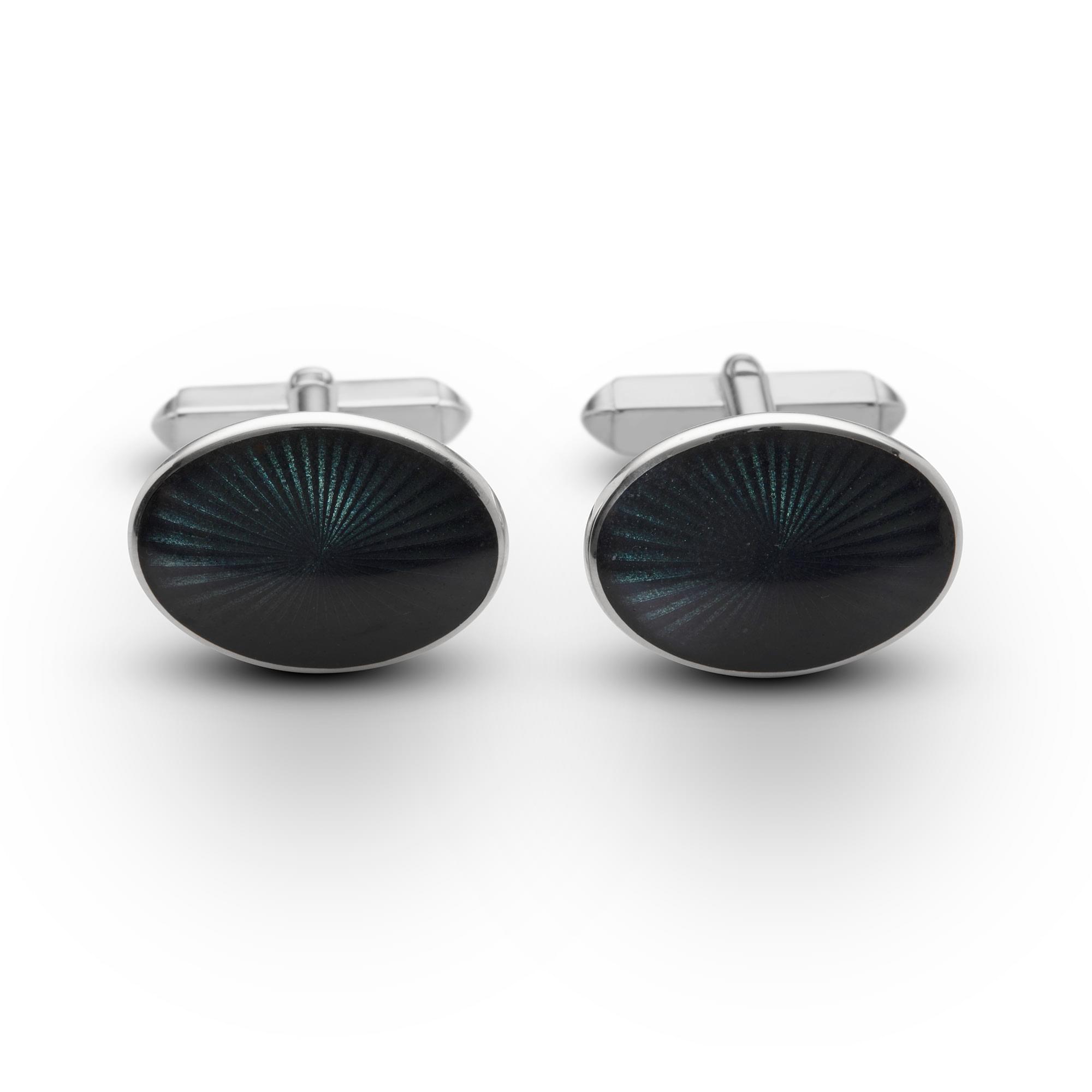 Sterling Silver Enamel Sunburst Oval Cufflinks in Dark Grey