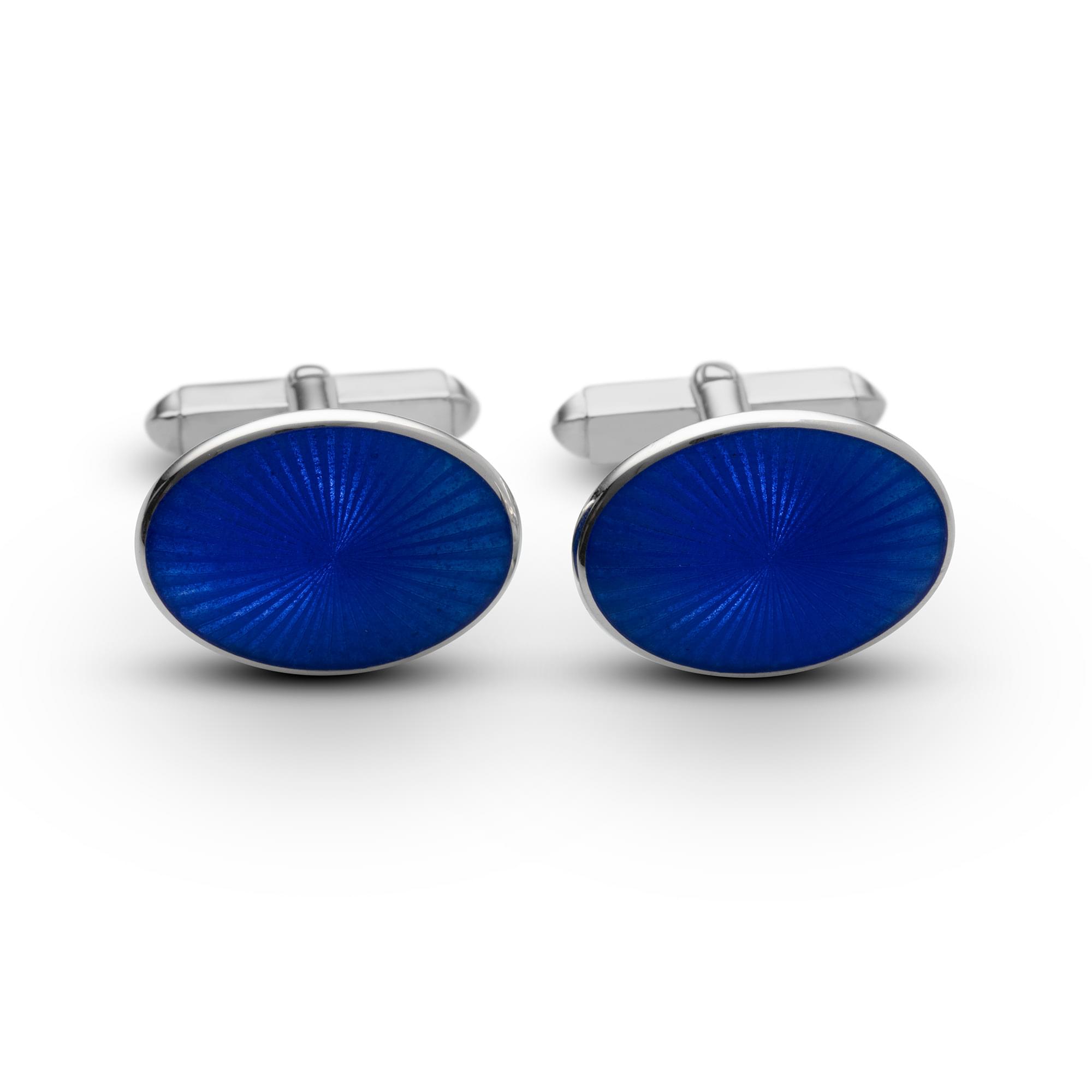 Sterling Silver Enamel Sunburst Oval Cufflinks in Royal Blue