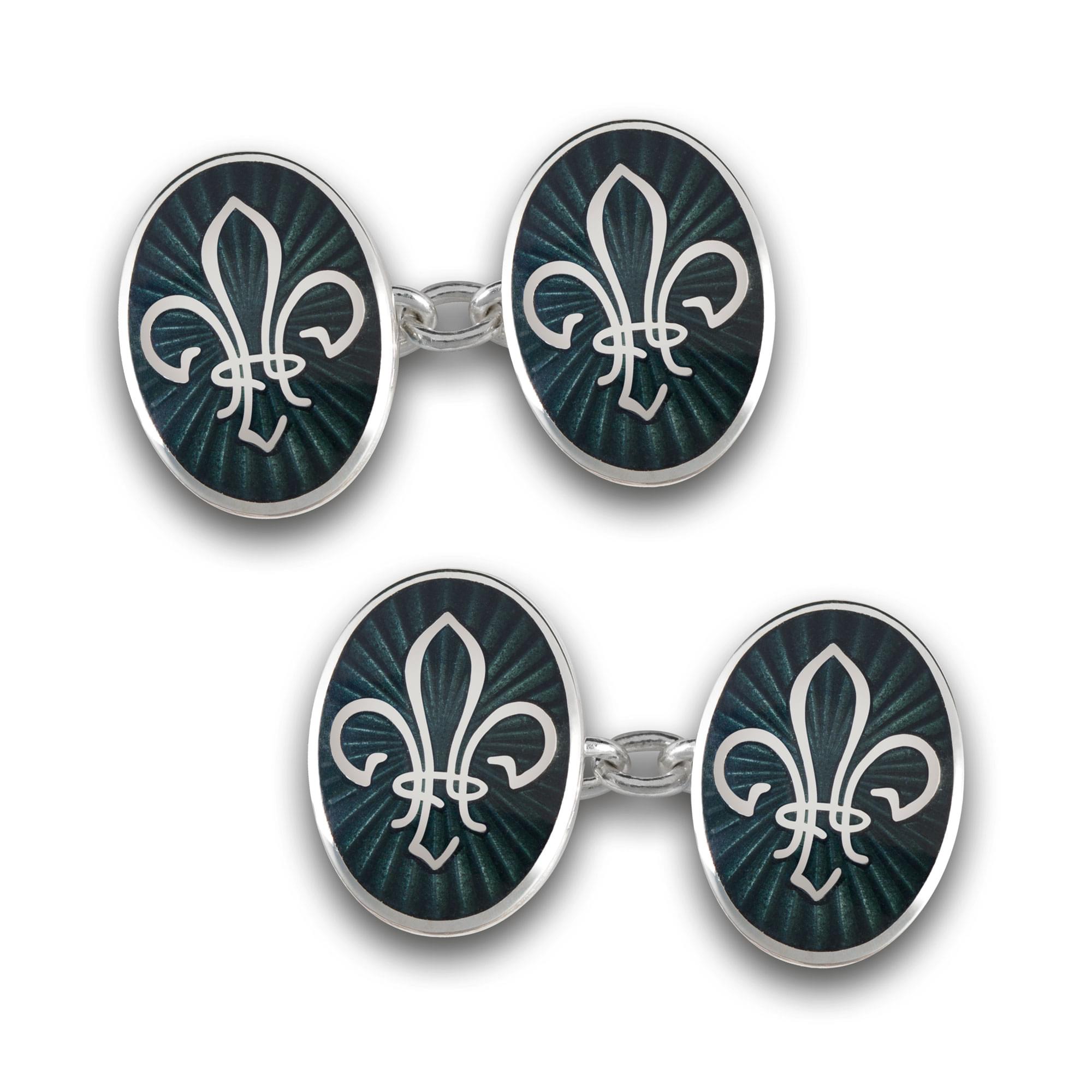 Sterling Silver Enamel Fleur-de-Lis Swirl Cufflinks in Dark Grey