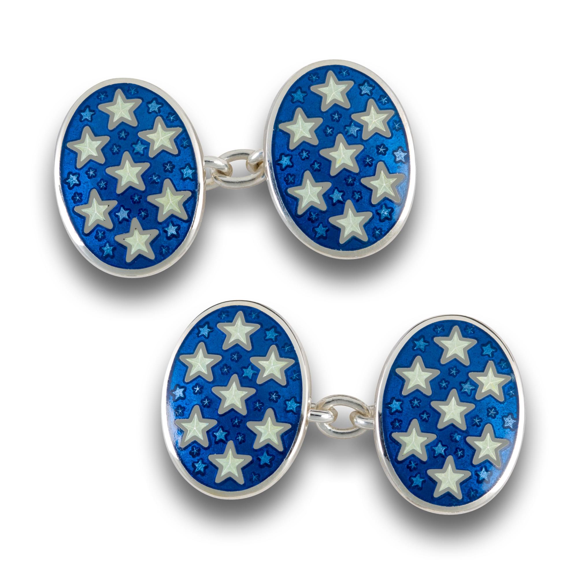 Sterling Silver Enamel Star Worlds Cufflinks in Blue and White