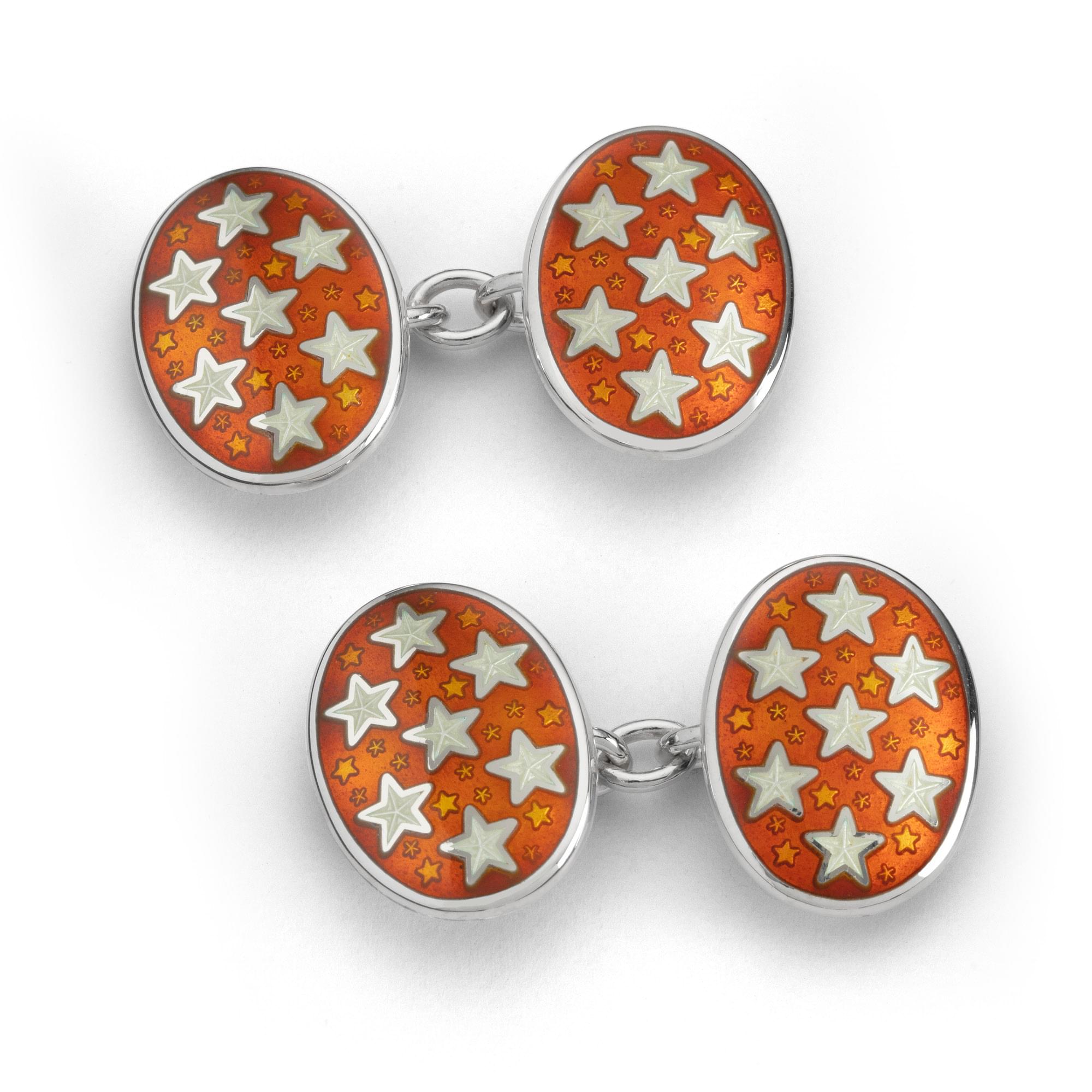 Sterling Silver Enamel Star Worlds Cufflinks in Orange and White