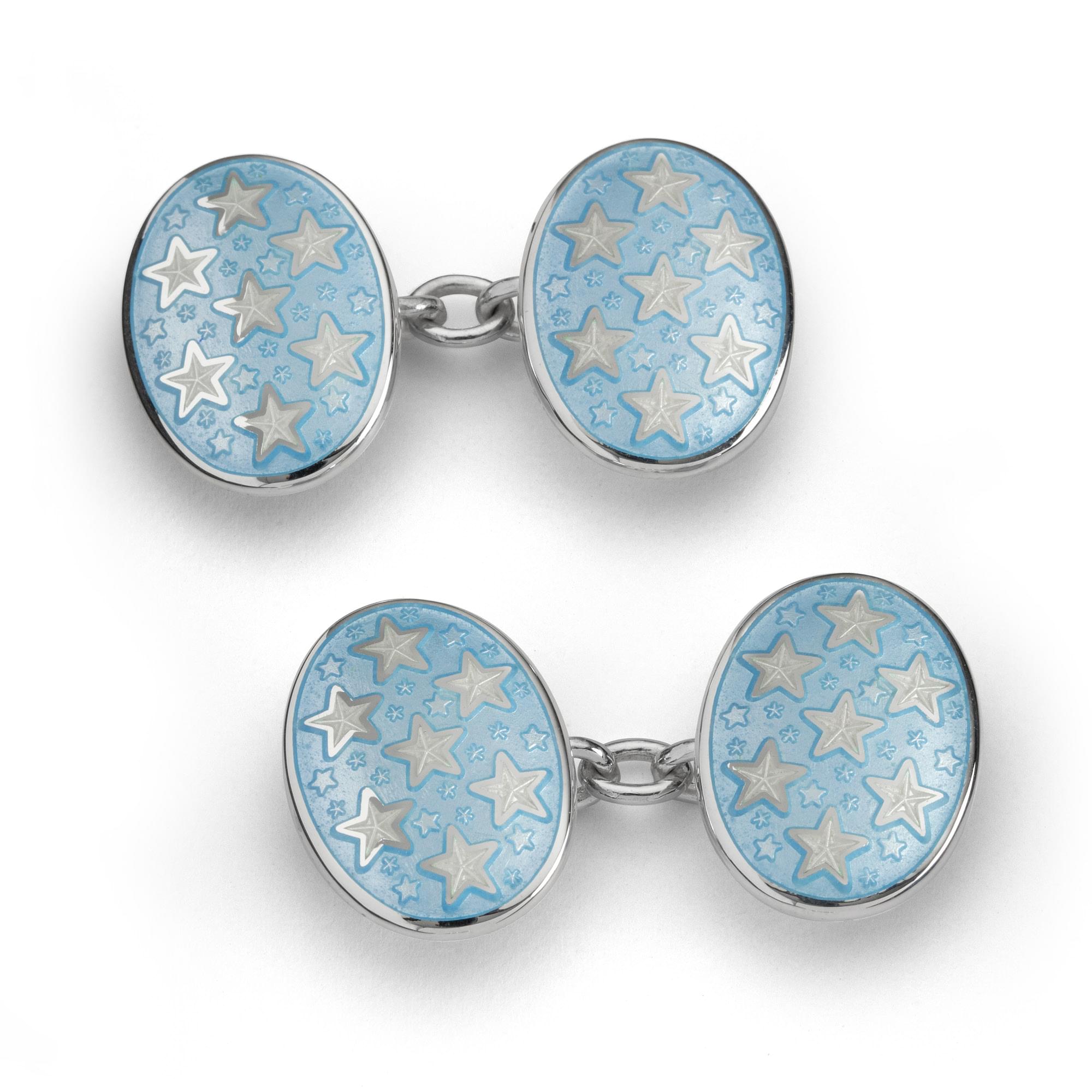 Sterling Silver Enamel Star Worlds Cufflinks in Baby Blue and White