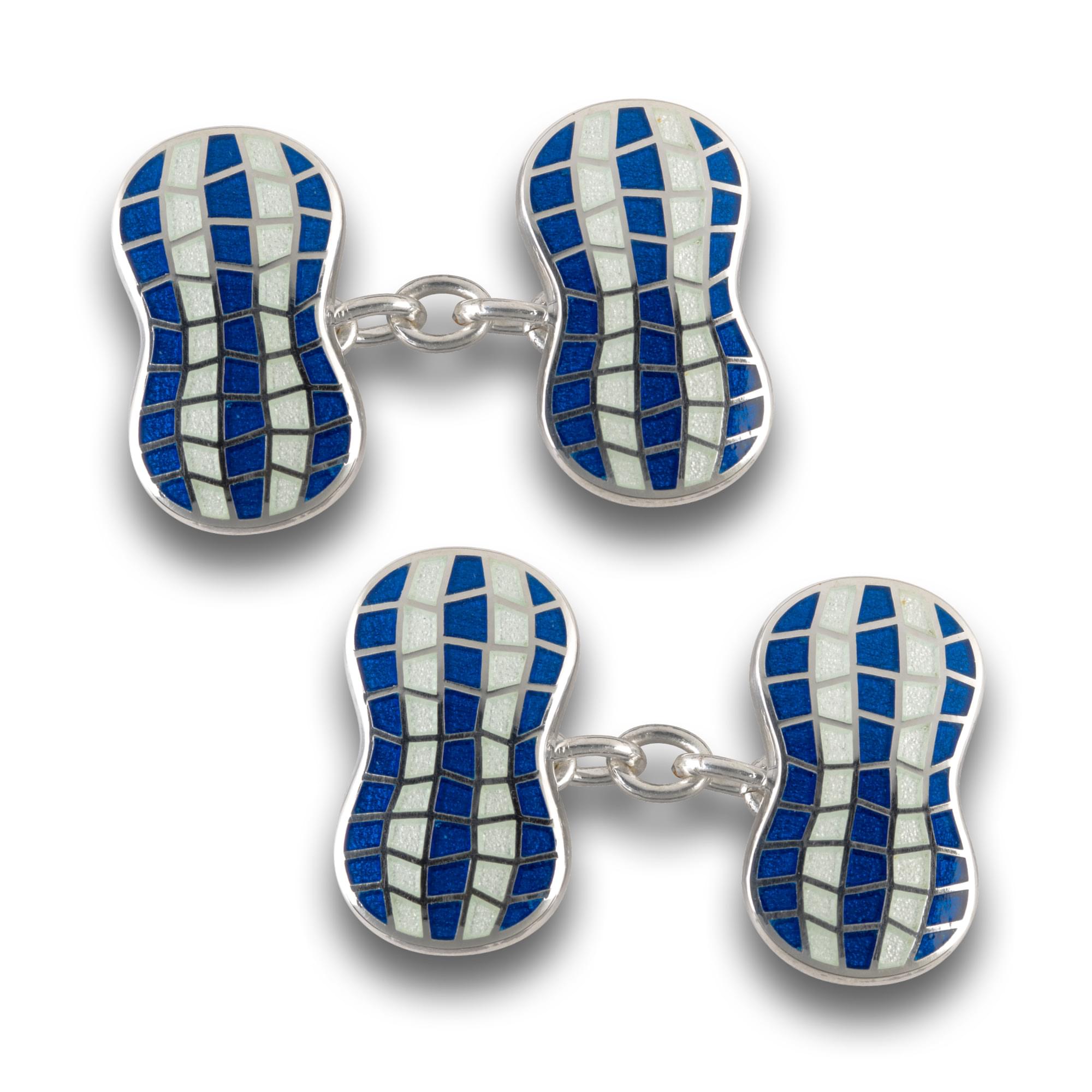 Sterling Silver Enamel Peanut Rib Cufflinks in Blue and White