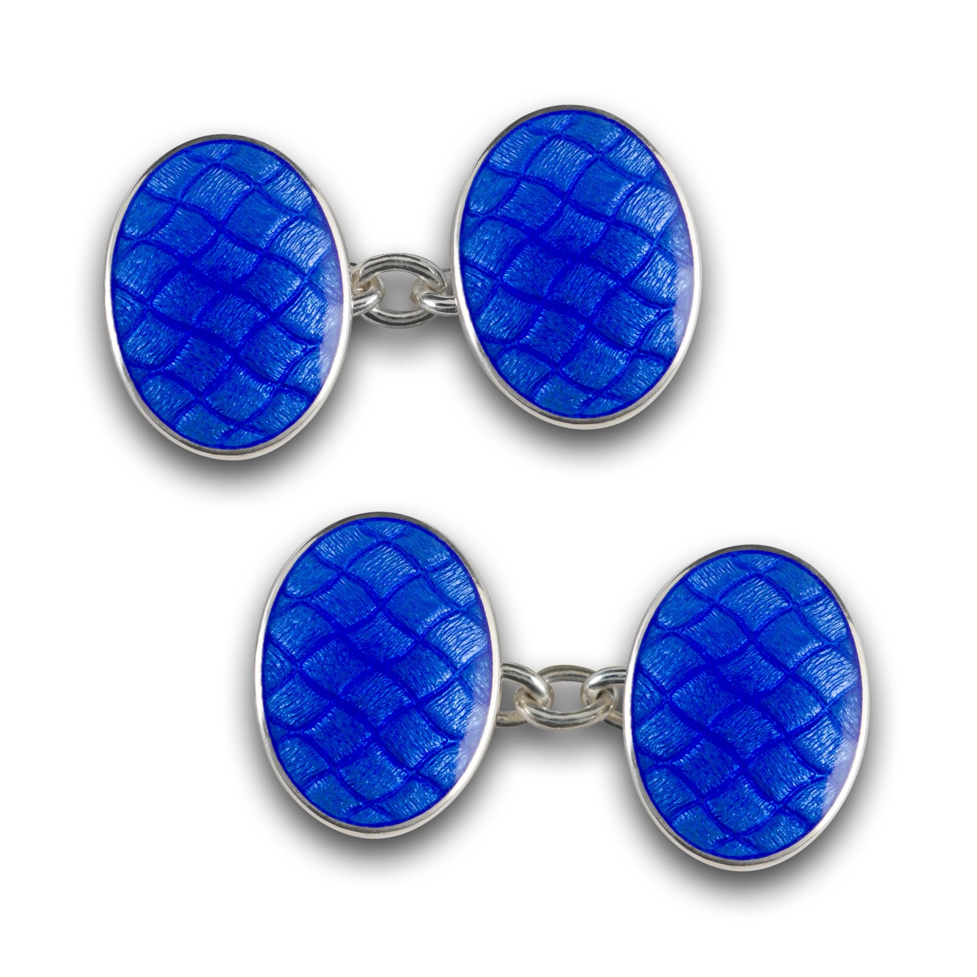 Sterling Silver Crosshatch Quilt Enamel Cufflinks in Blue