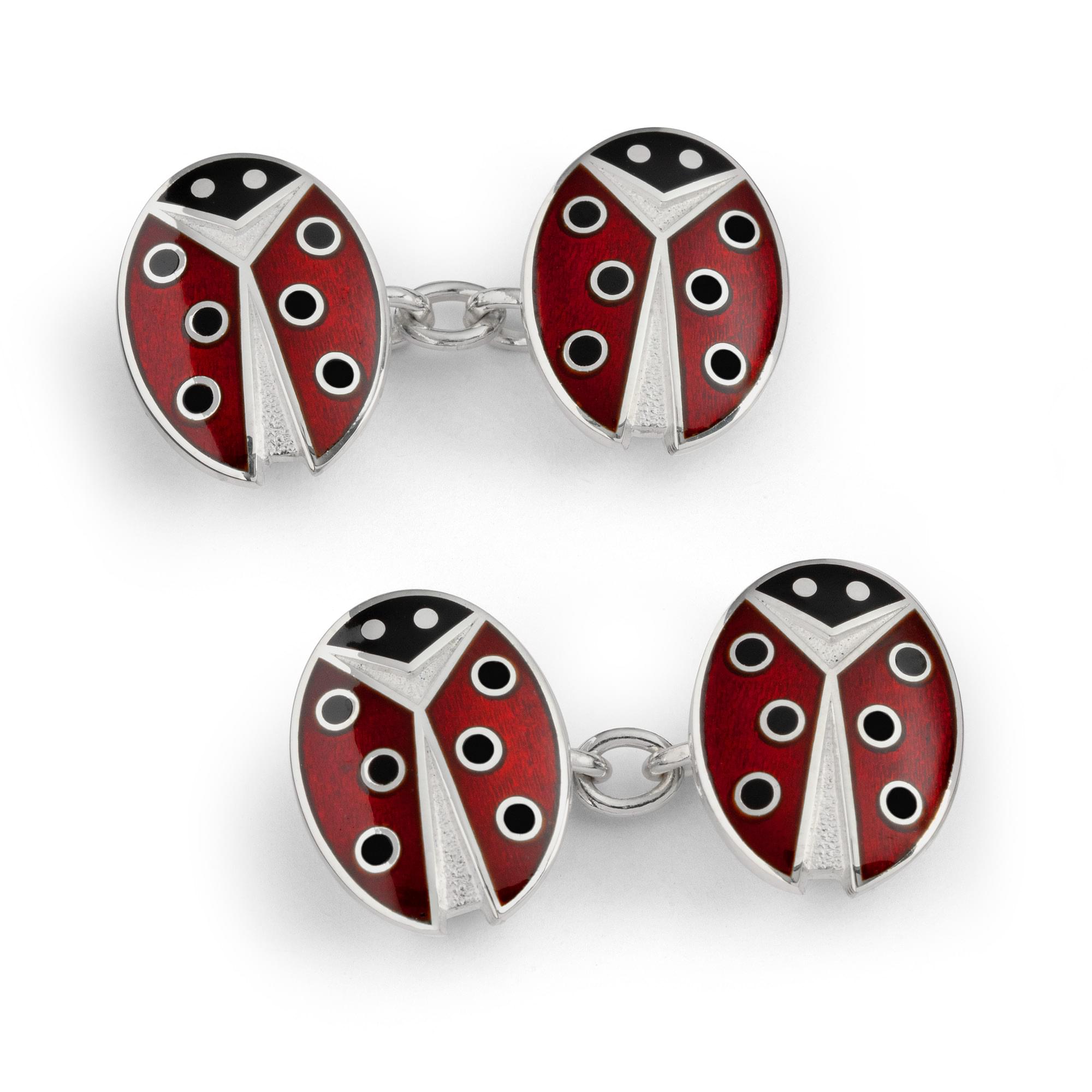 Sterling Silver Enamel Ladybird Chain Cufflinks in Red and Black