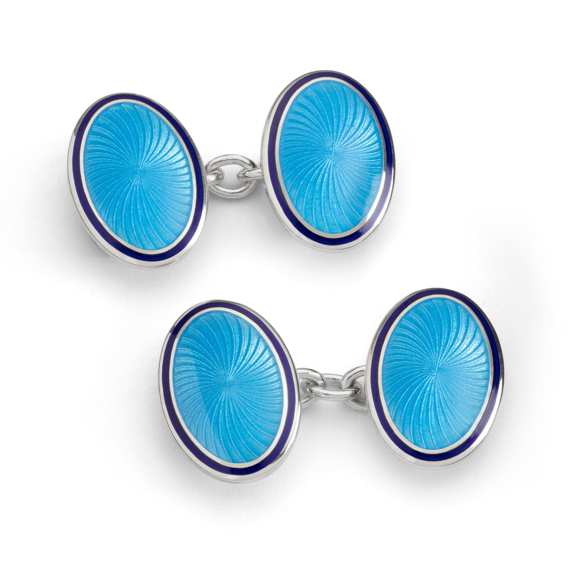 Sterling Silver Enamel Sunburst Swirl Cufflinks in Baby Blue