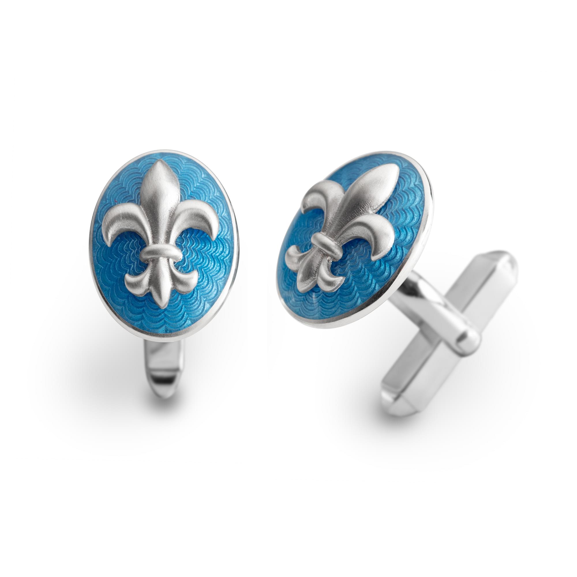Sterling Silver Enamel Riveted Fleur-de-Lis Cufflinks in Sky Blue