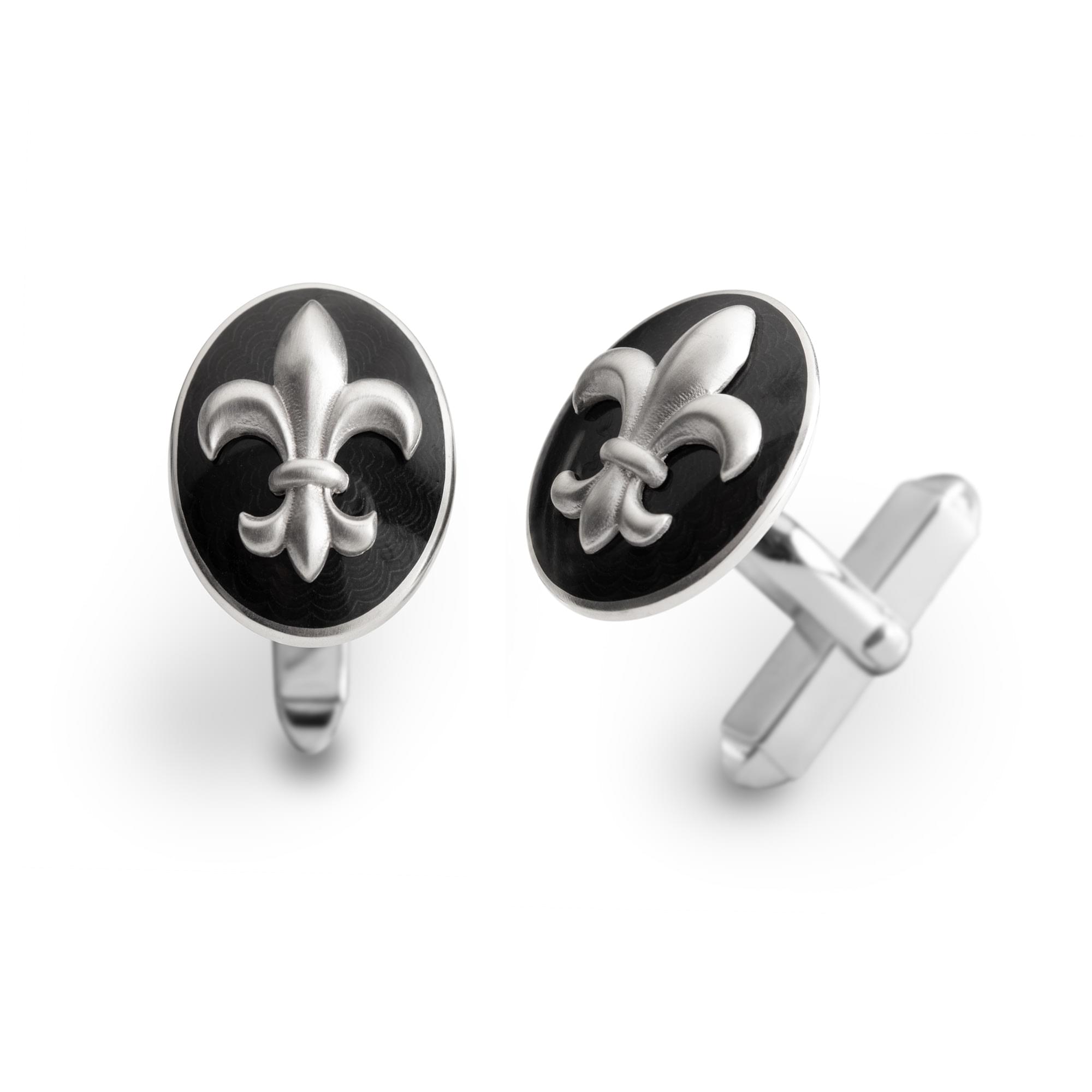 Sterling Silver Enamel Riveted Fleur-de-Lis Cufflinks in Dawn-Black