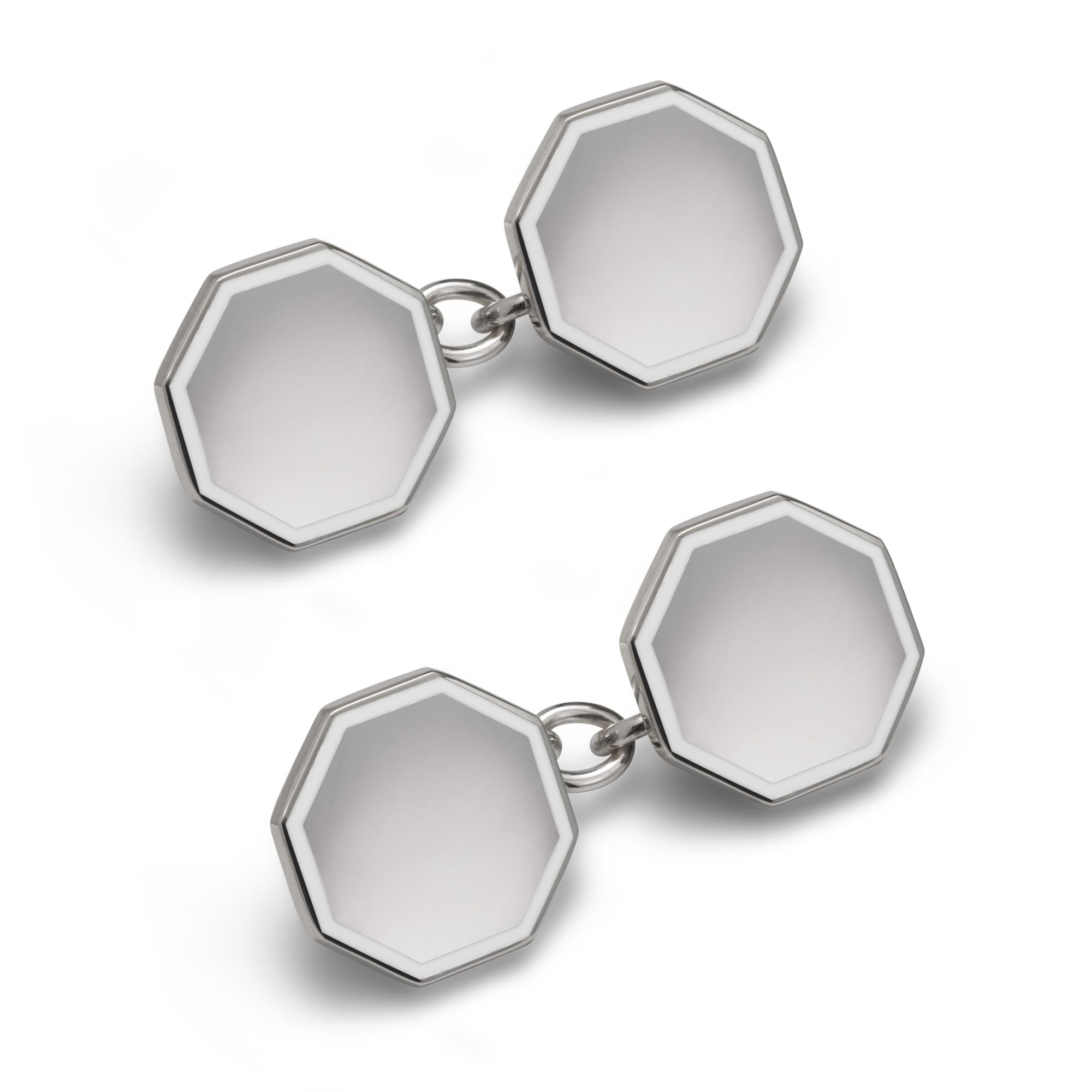 Sterling Silver Enamel Octagonal Engraveable Cufflinks in White