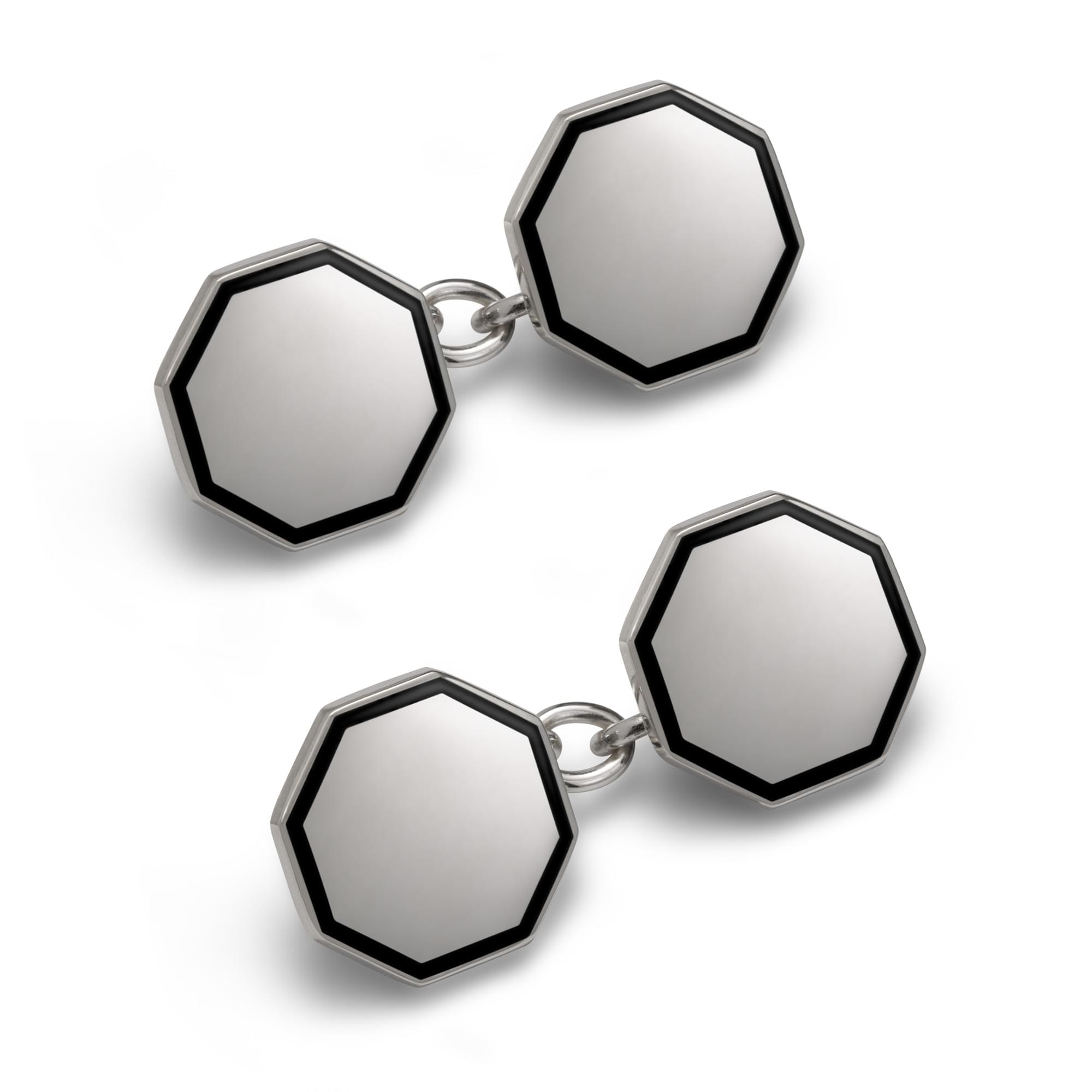 Sterling Silver Enamel Octagonal Engraveable Cufflinks in Black
