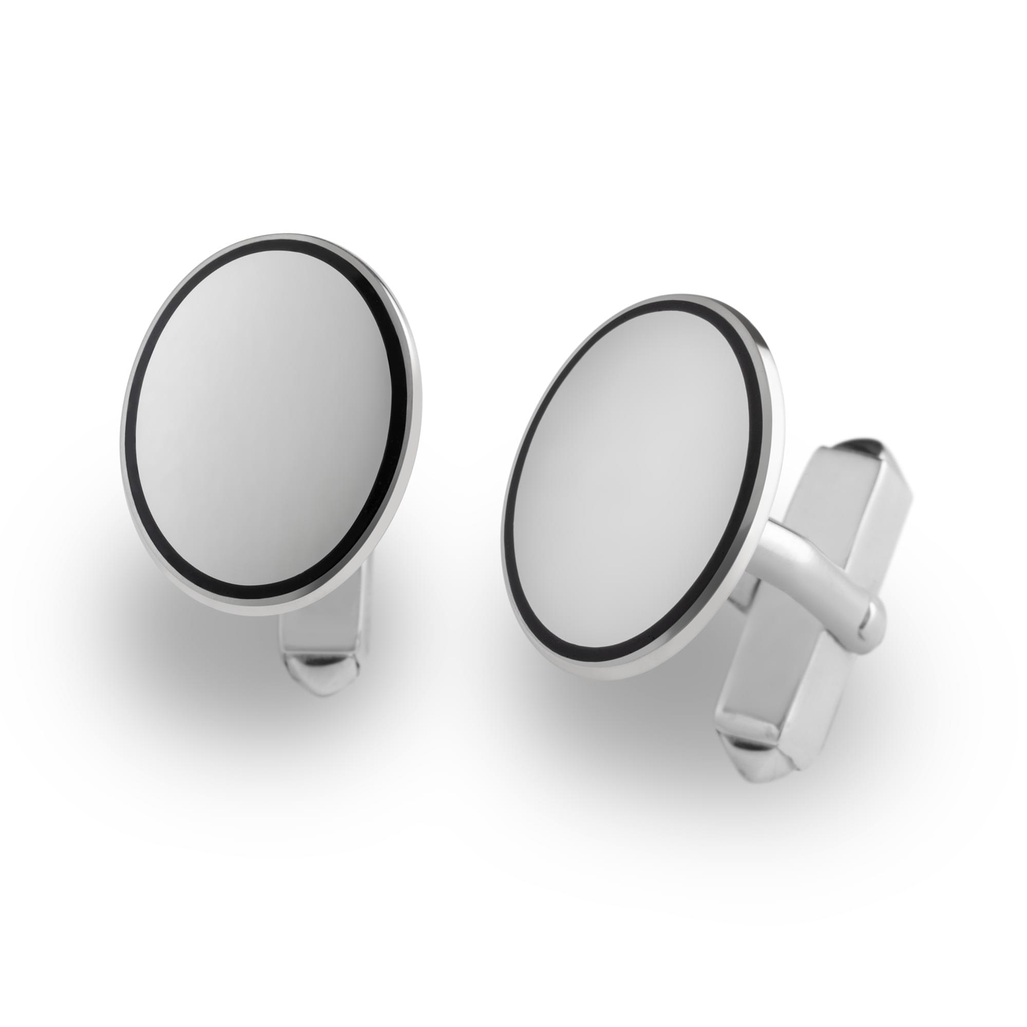 Sterling Silver Enamel Oval Engraveable Cufflinks in Black