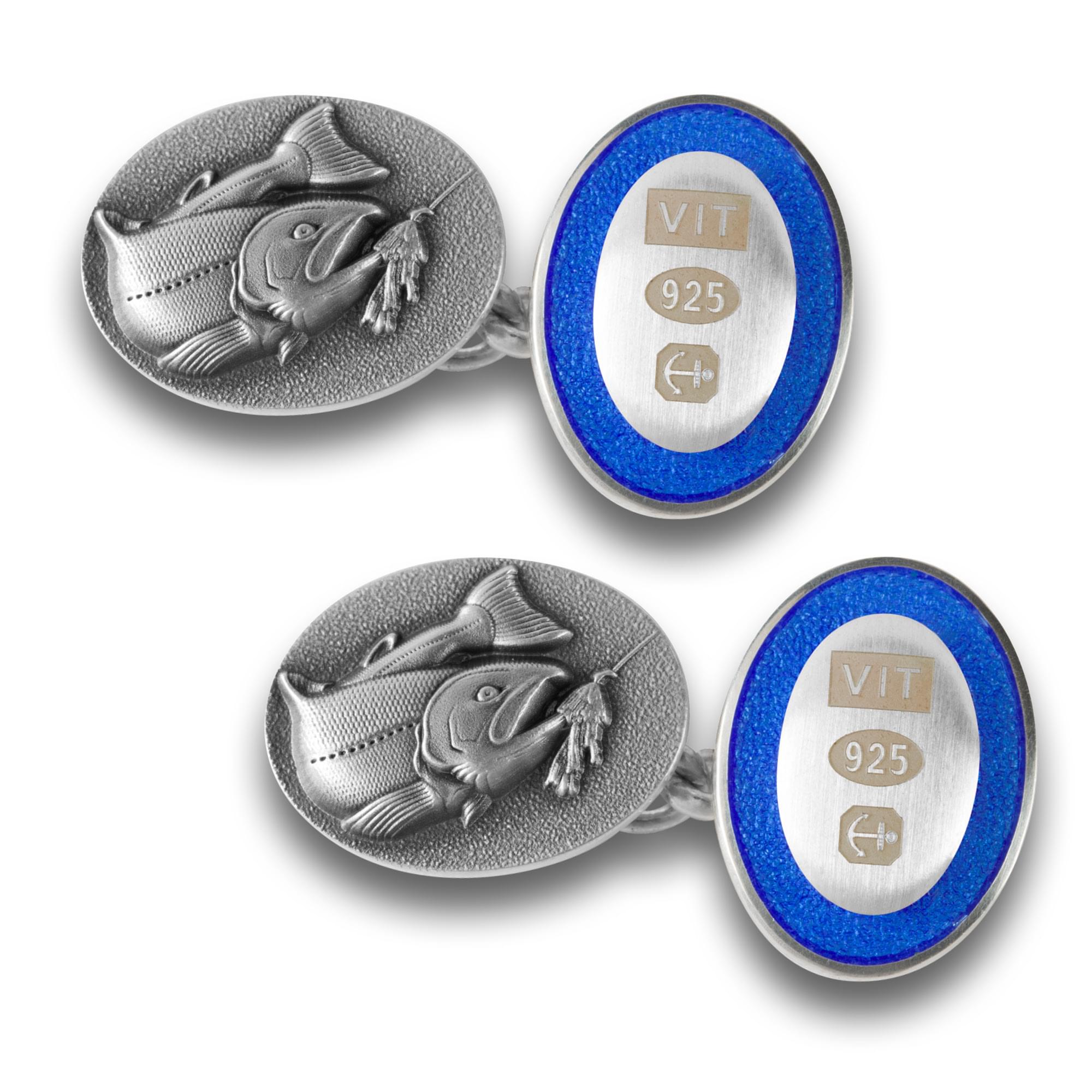 Sterling Silver Enamel Fishing Cufflinks in Blue