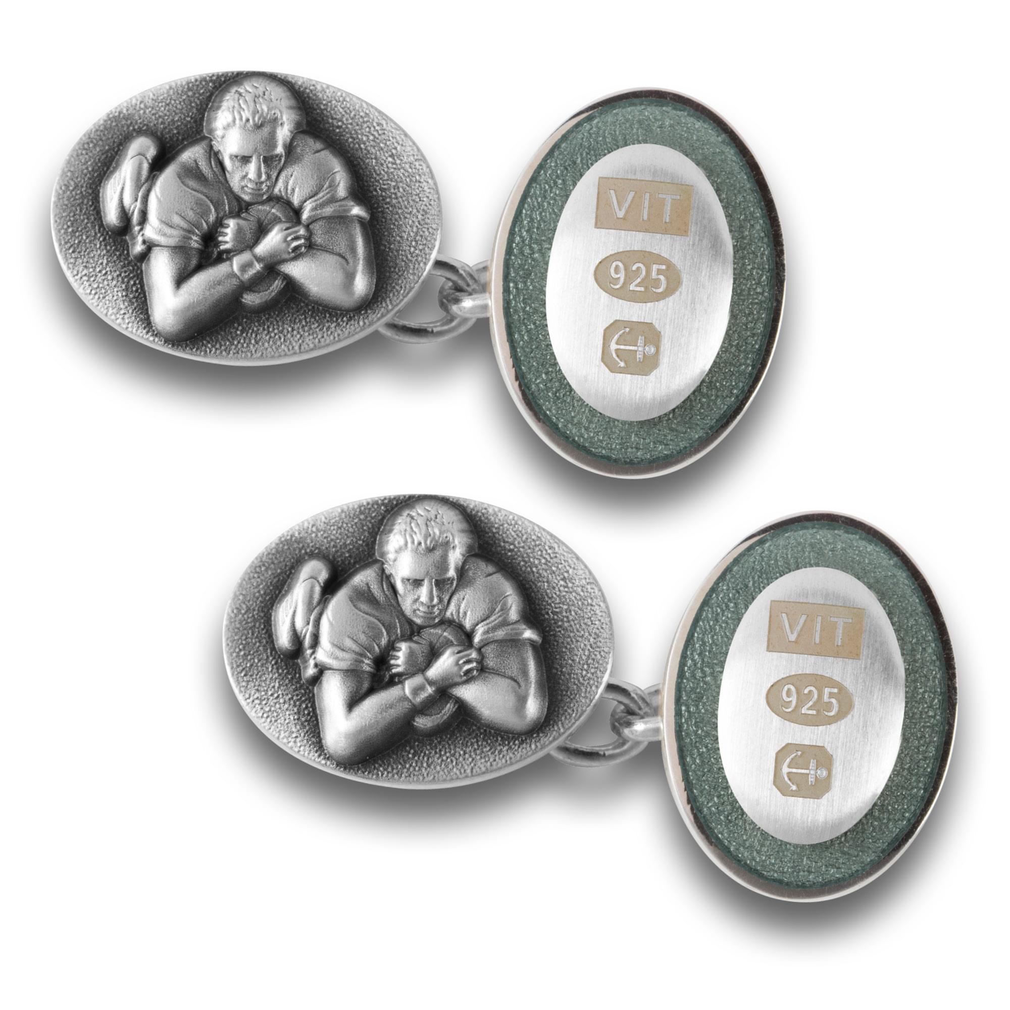 Sterling Silver Enamel Rugby Cufflinks in Grey
