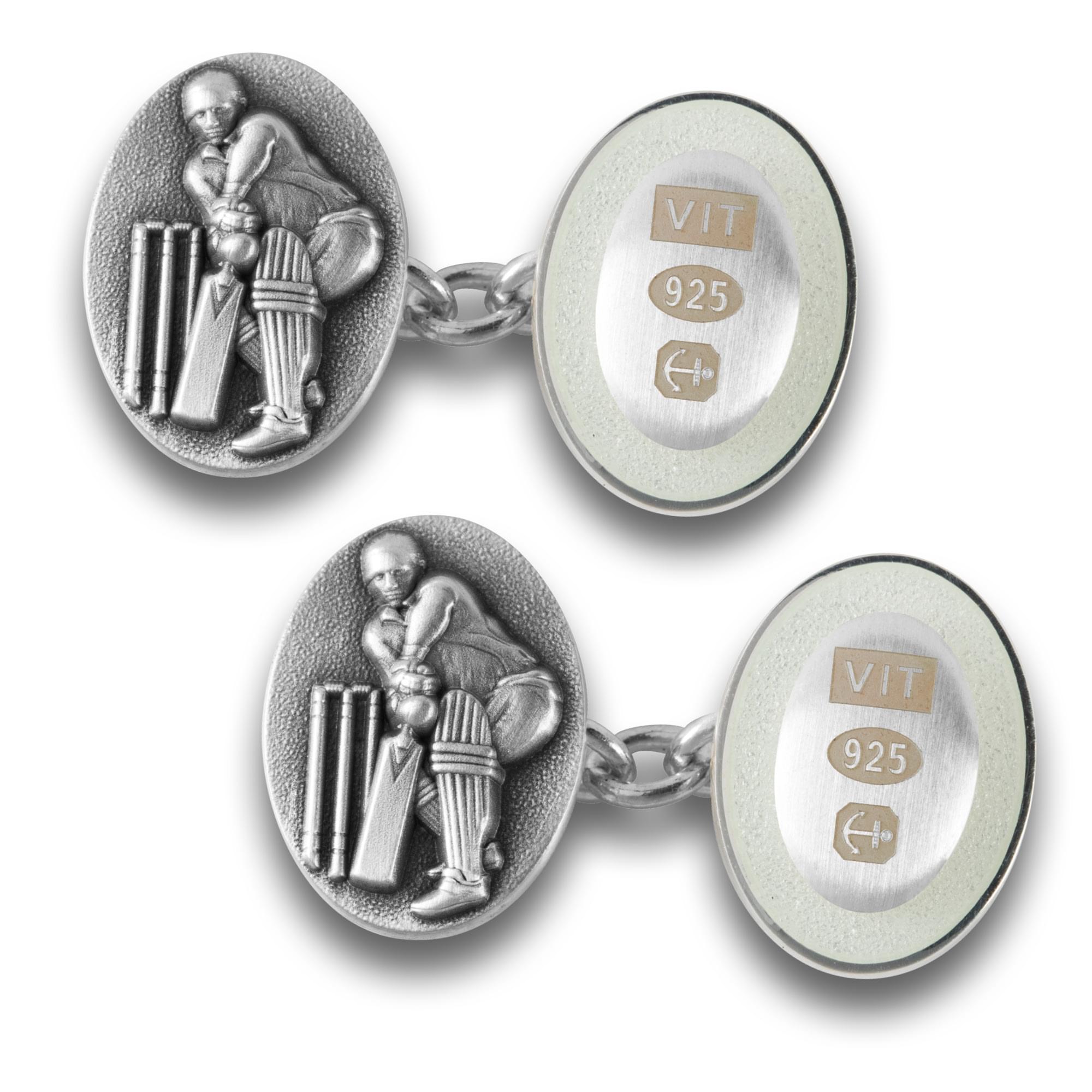 Sterling Silver Enamel Cricket Cufflinks in White