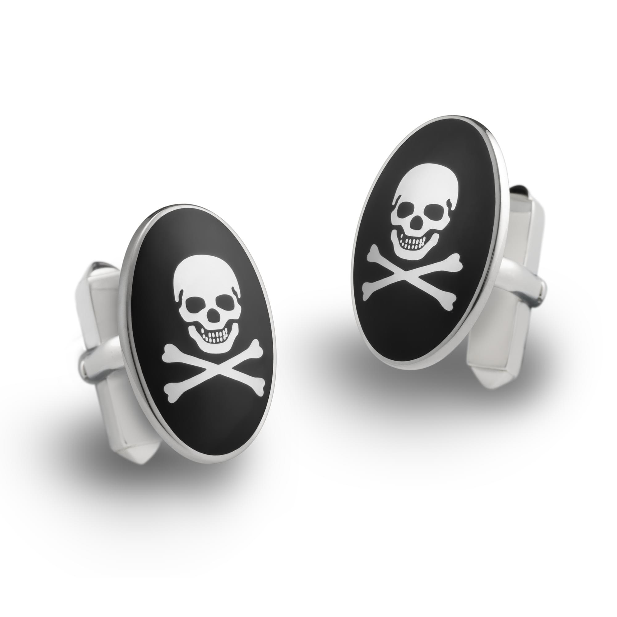 Sterling Silver Enamel Skull & Crossbones Cufflinks in Black