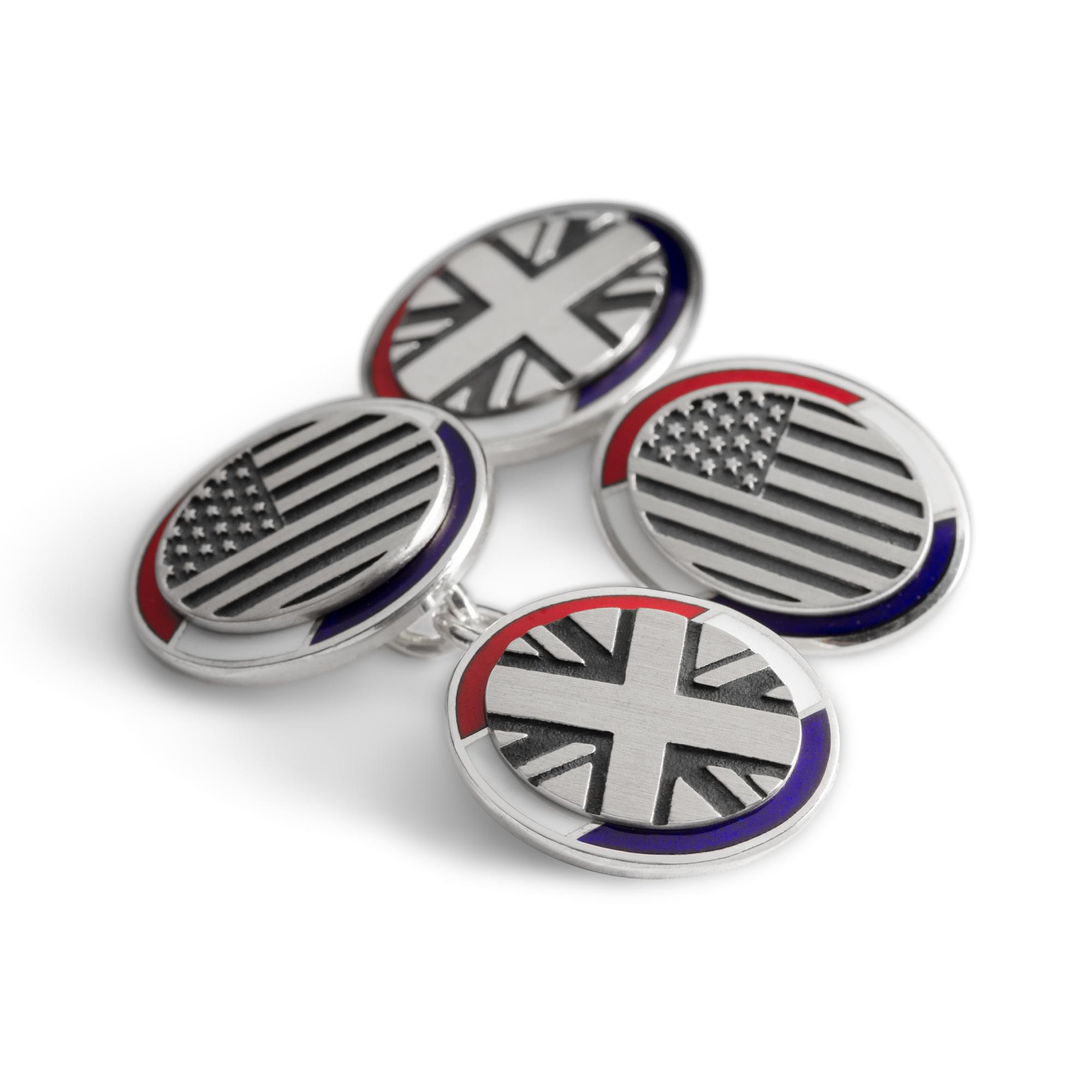 Sterling Silver Enamel UK and USA Flag Cufflinks