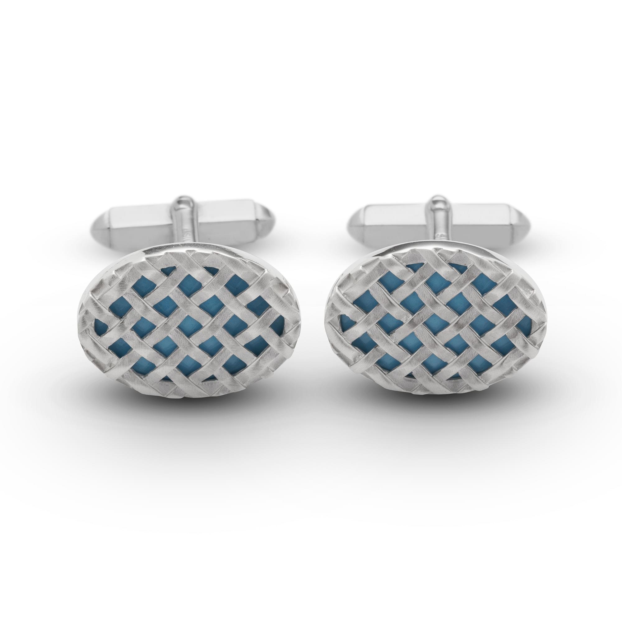 Sterling Silver Enamel Riveted Crosshatch Cufflinks in Turquoise