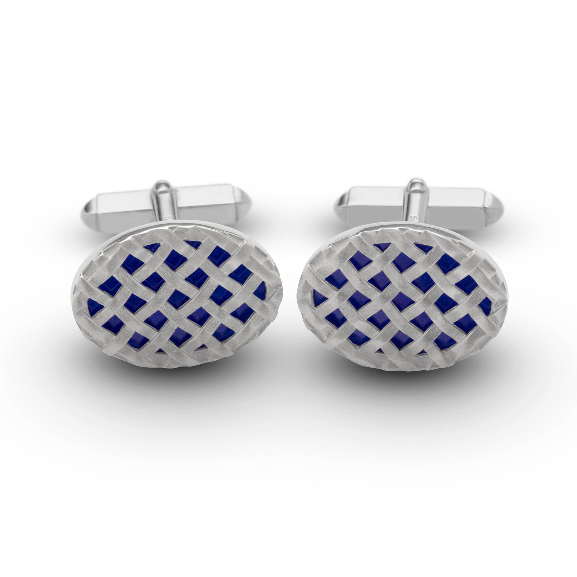 Sterling Silver Enamel Riveted Crosshatch Cufflinks in Blue
