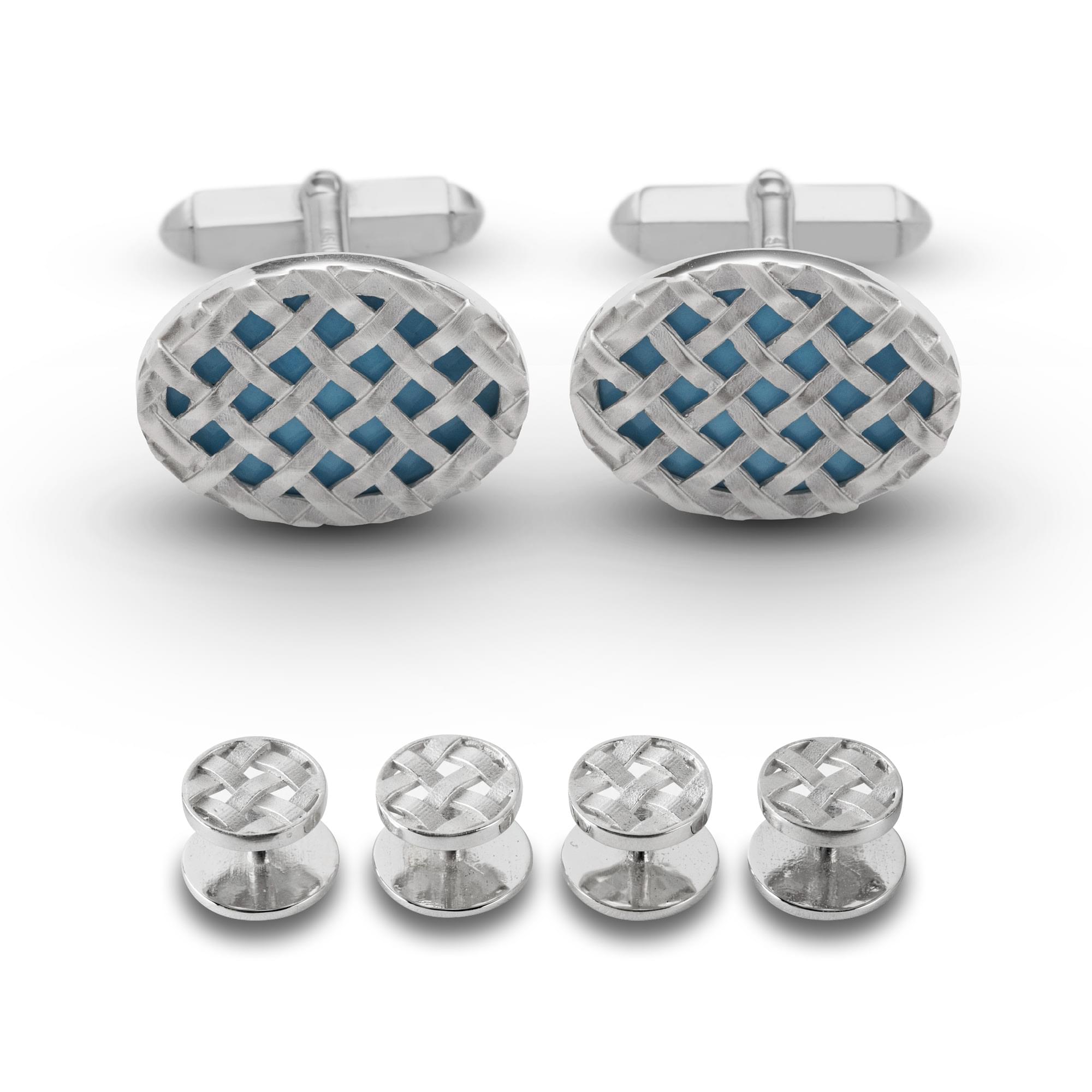 Sterling Silver Enamel Crosshatch Dress Set with Cufflinks in Turquoise Blue