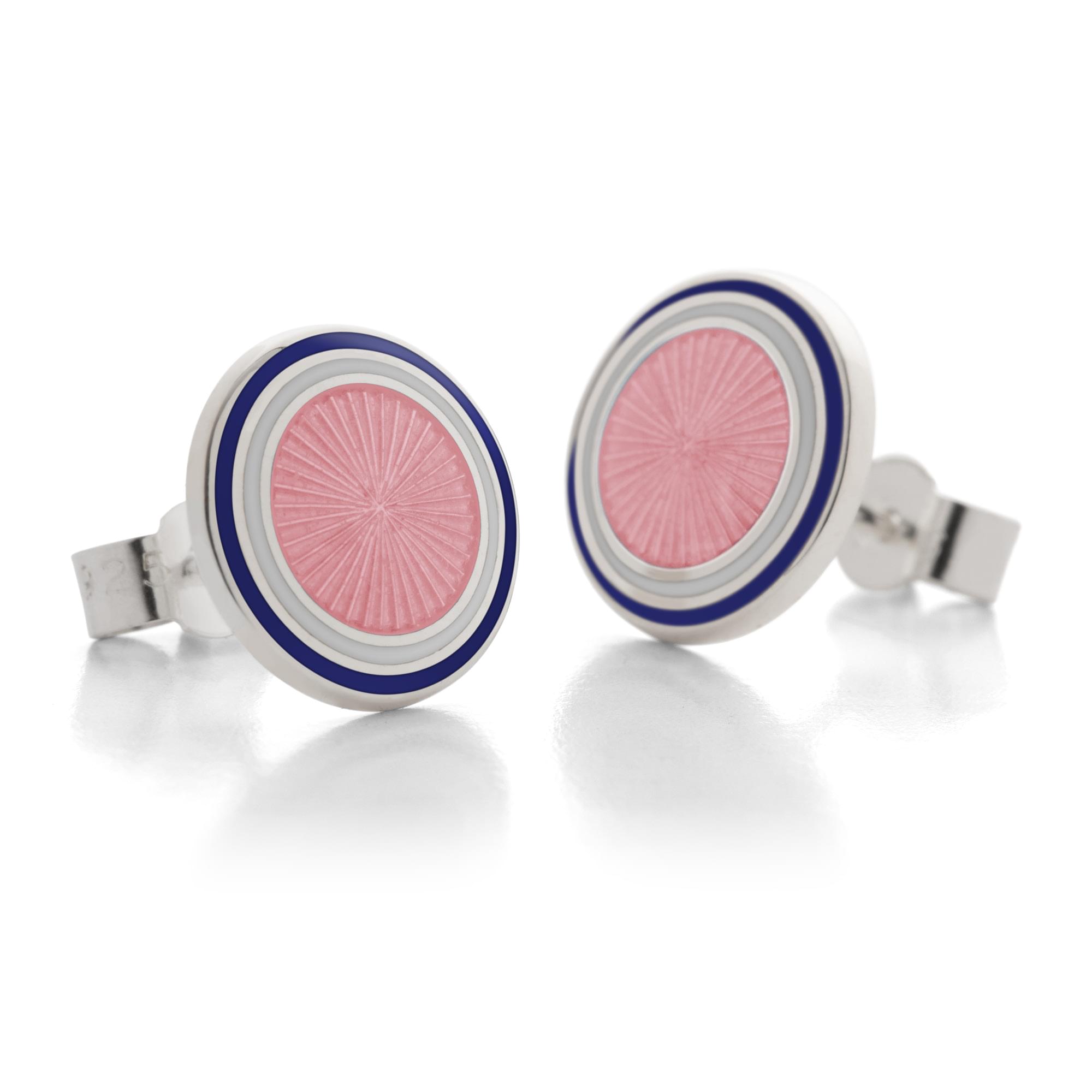 Sterling Silver Enamel Sunburst Rim Earring Studs in Pink