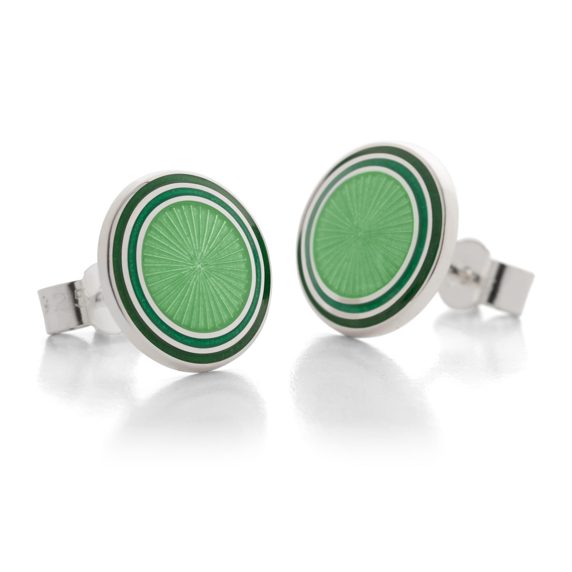 Sterling Silver Enamel Sunburst Rim Earring Studs in Green