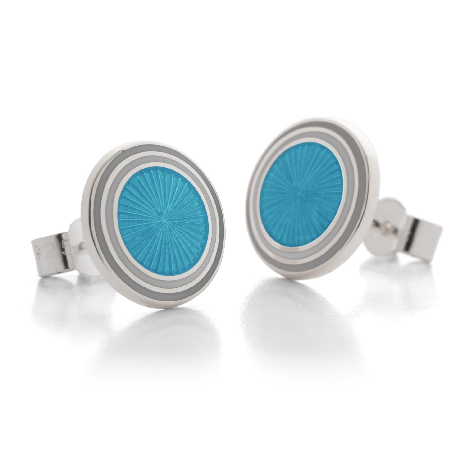 Sterling Silver Enamel Sunburst Rim Earring Studs in Blue