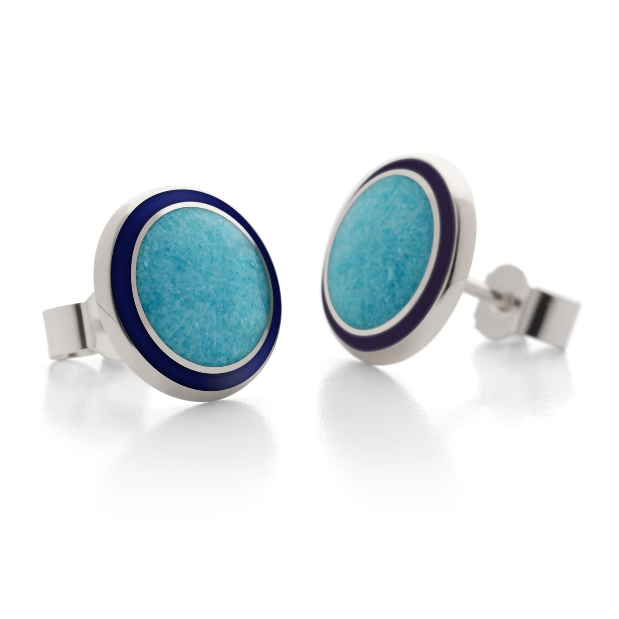 Sterling Silver Enamel Sunburst Earring Studs in Eggshell Blue