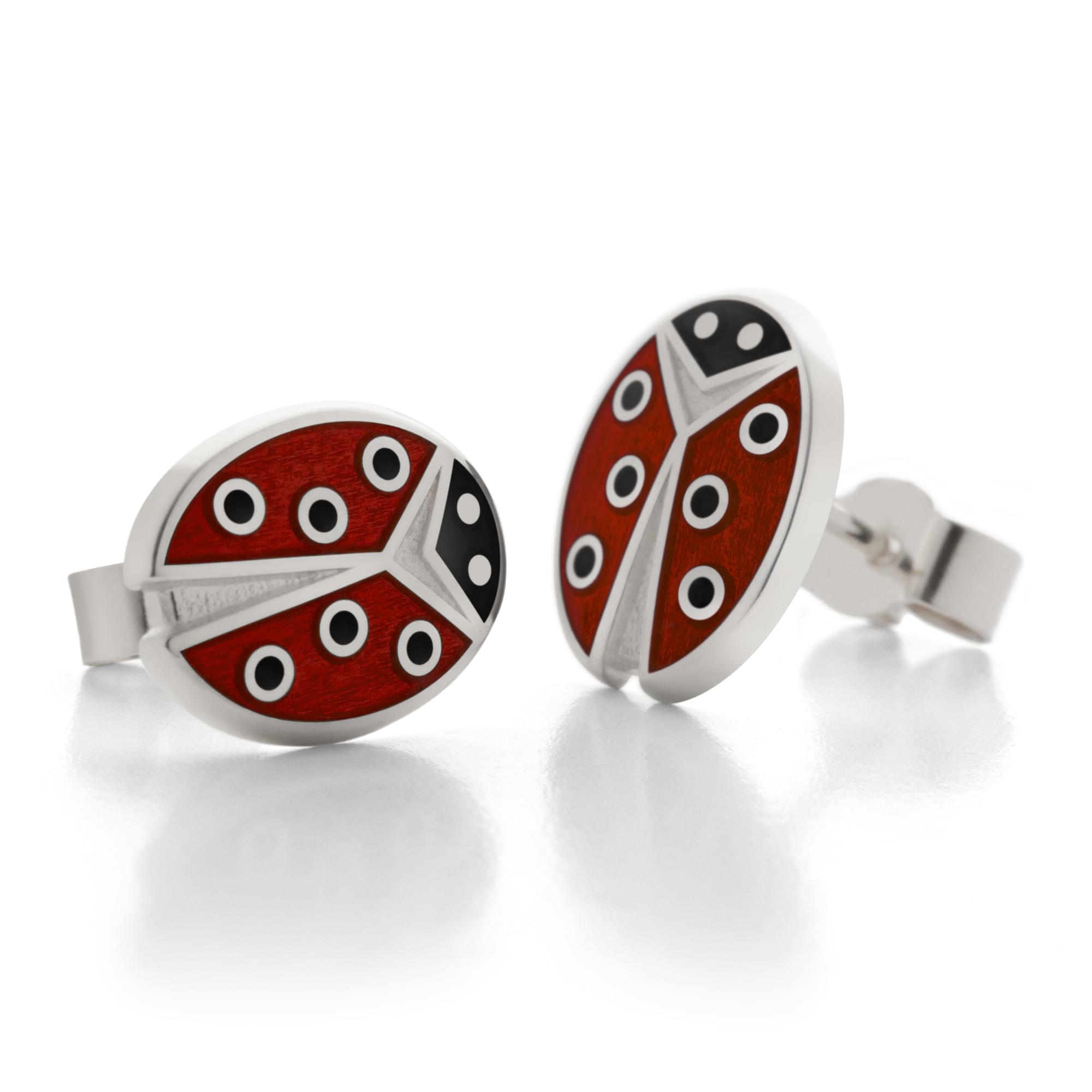 Sterling Silver Enamel Ladybird Earring Studs in Red