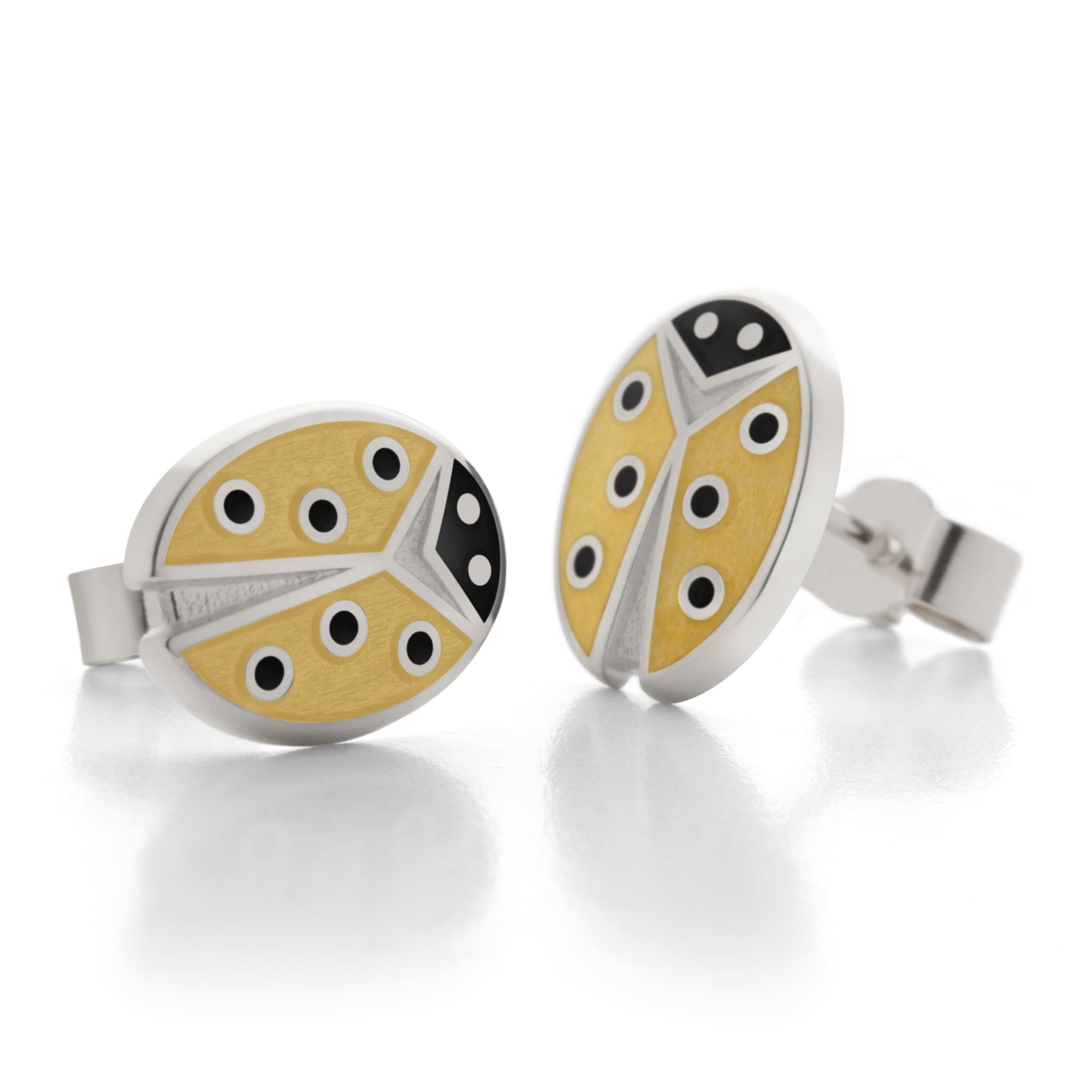 Sterling Silver Enamel Ladybird Earring Studs in Opal Yellow
