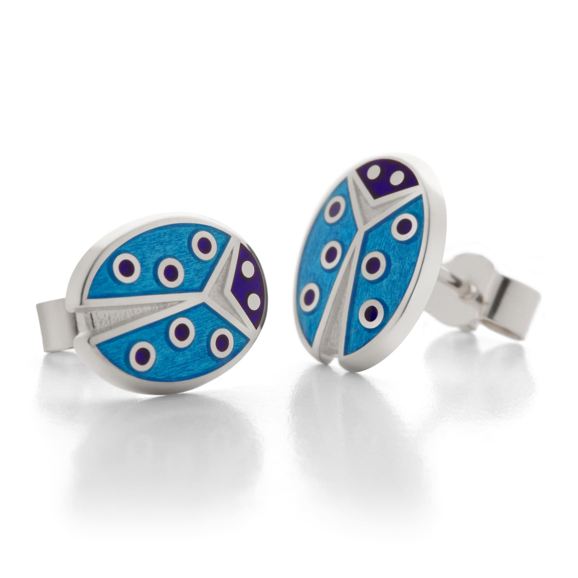 Sterling Silver Enamel Ladybird Earring Studs in Sky Blue