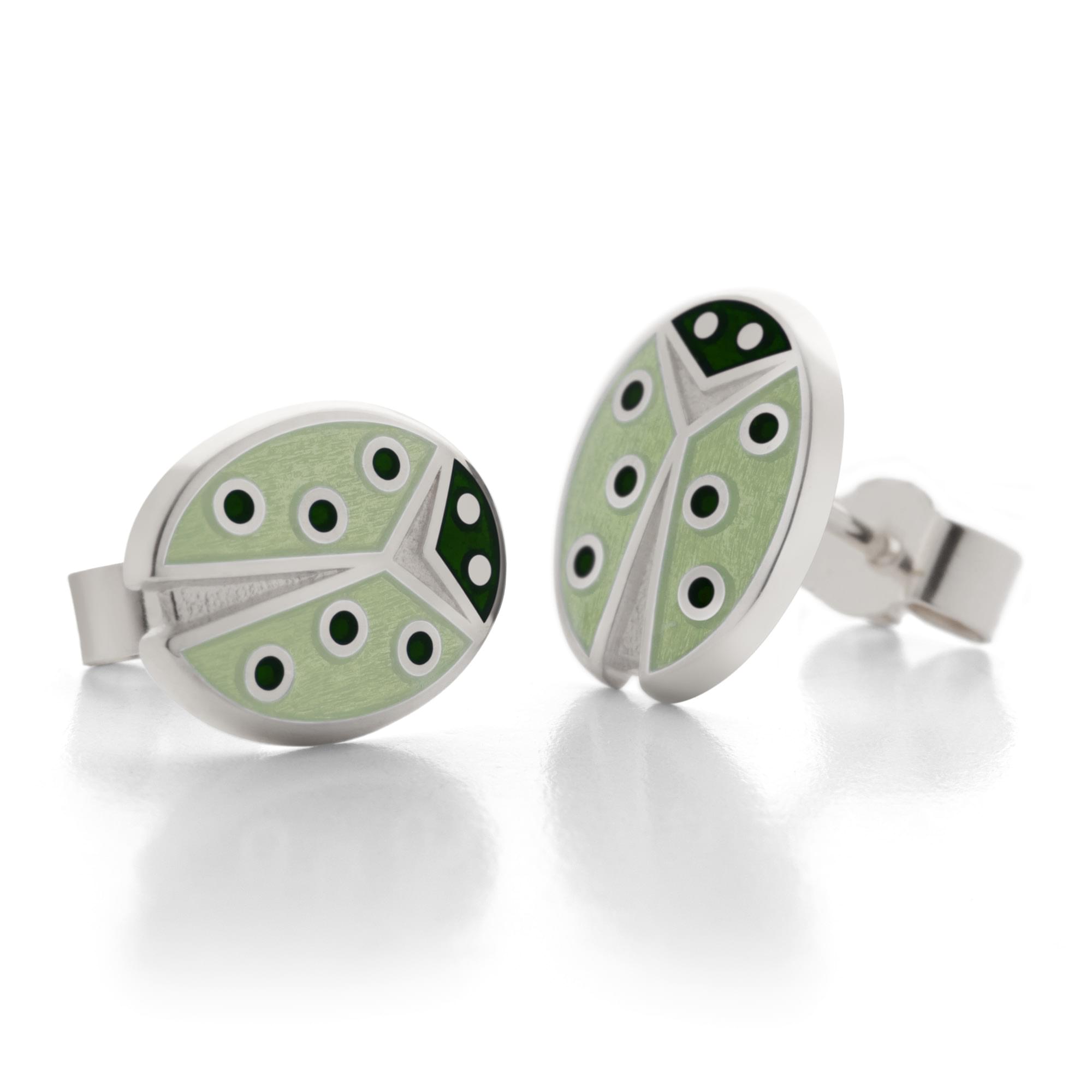 Sterling Silver Enamel Ladybird Earring Studs in Opal Green