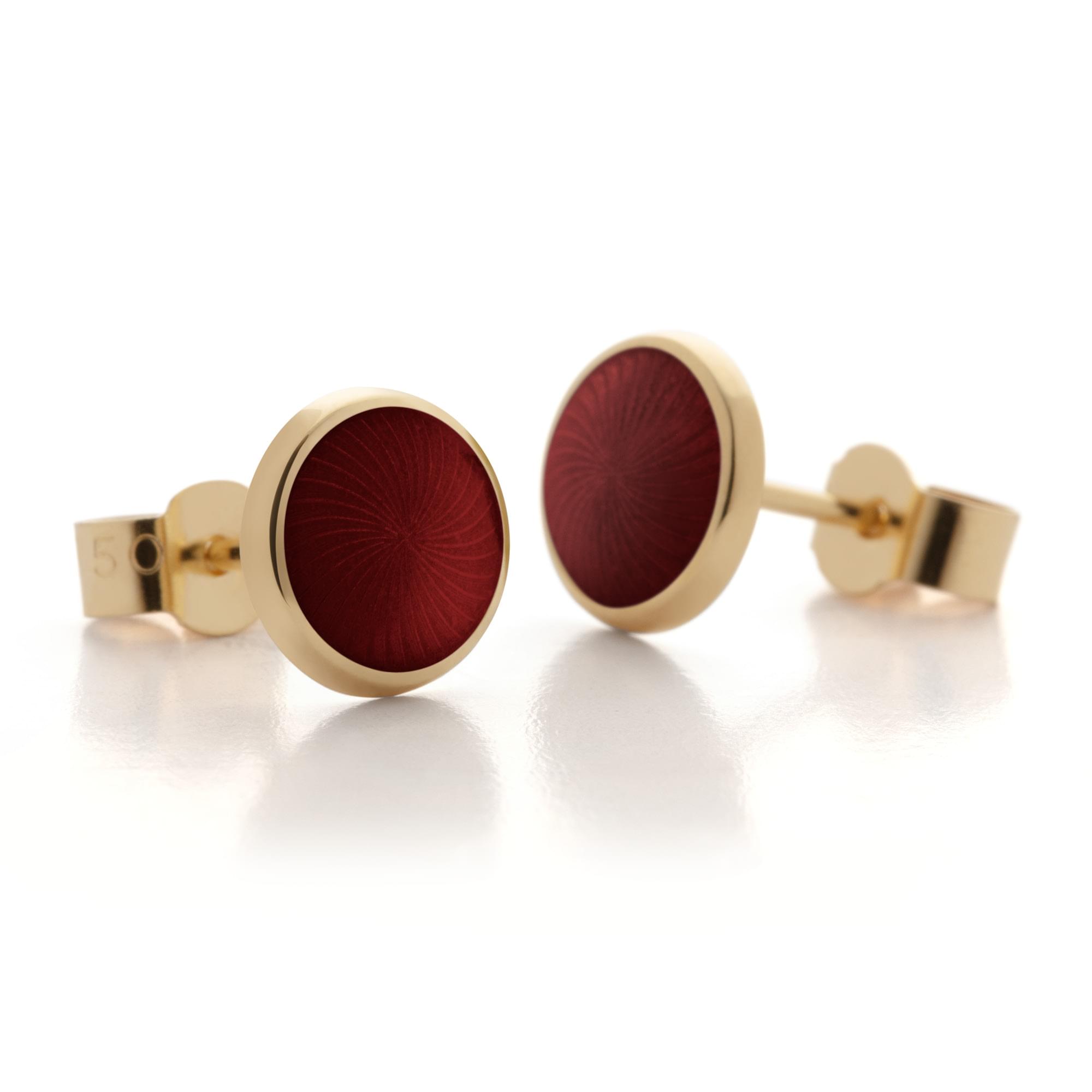 18ct Yellow Gold Enamel Sunbust Swirl Earring Studs in Ruby-Red