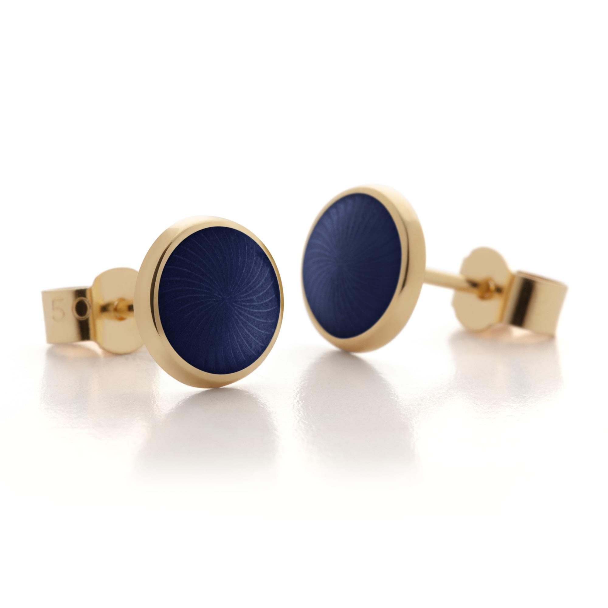18ct Yellow Gold Enamel Sunbust Swirl Earring Studs in Sapphire-Blue