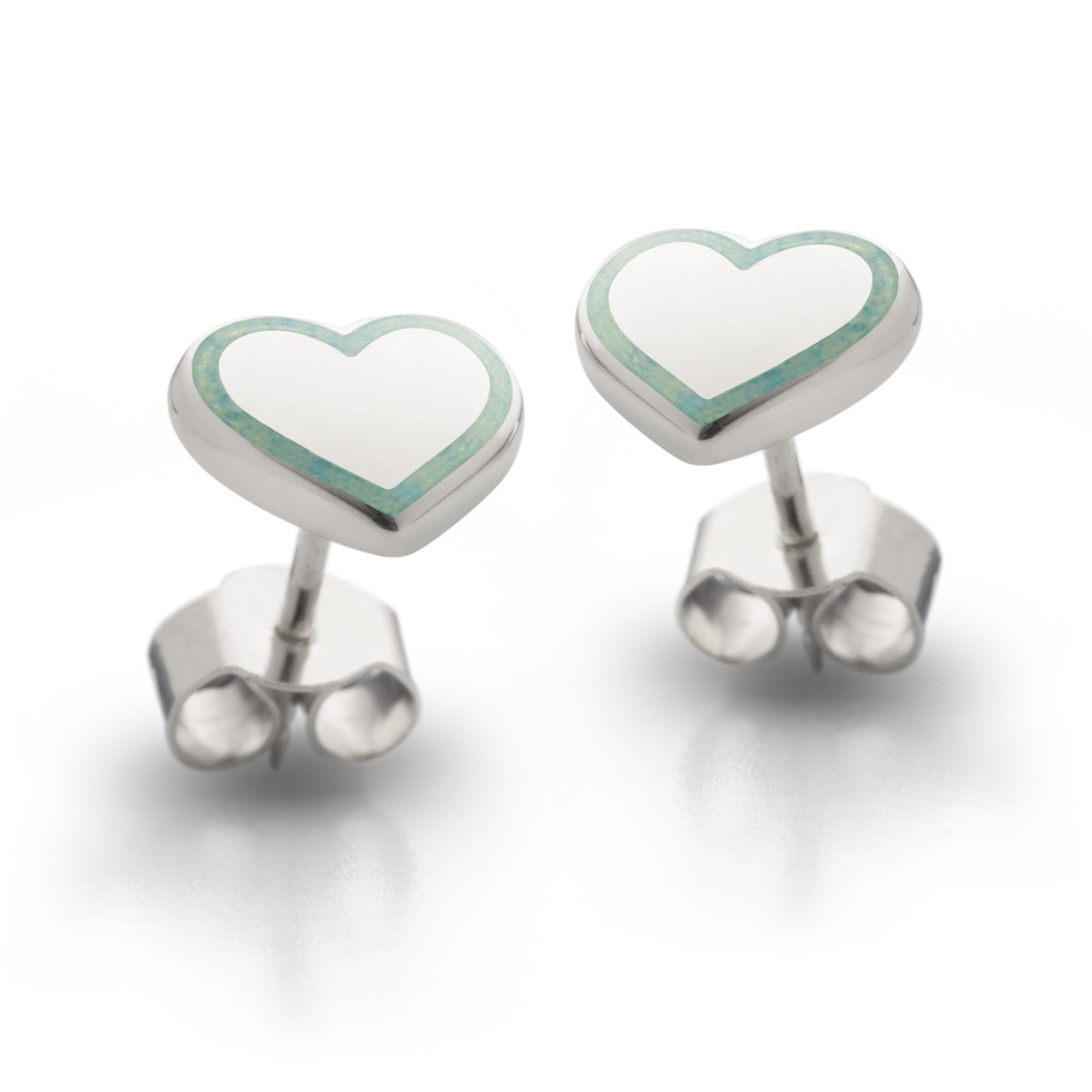 Sterling Silver Enamel Lined Heart Earring Studs in Eggshell Blue