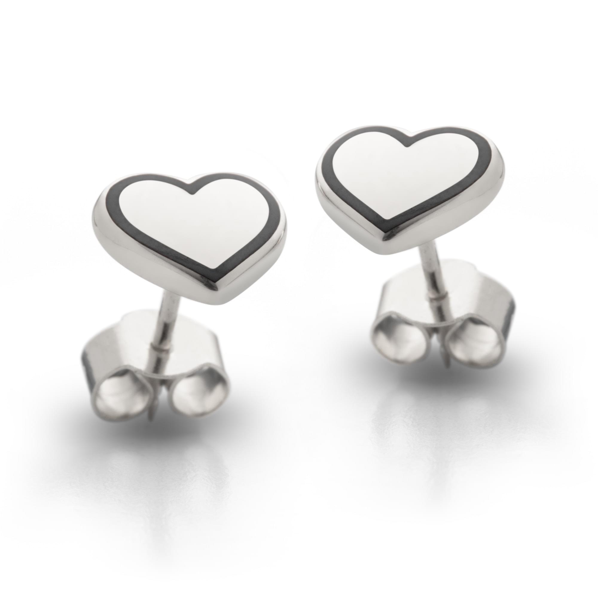 Sterling Silver Enamel Lined Heart Earring Studs in Black