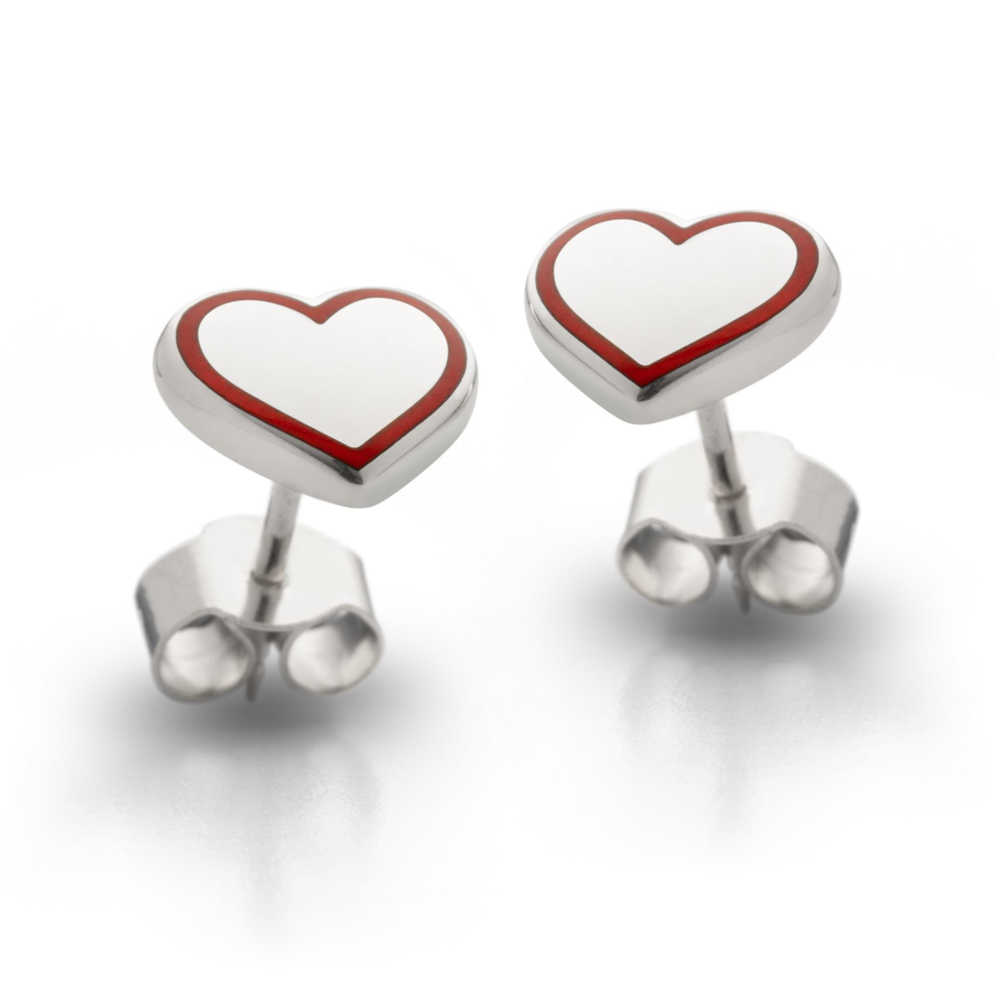 Sterling Silver Enamel Lined Heart Earring Studs in Red